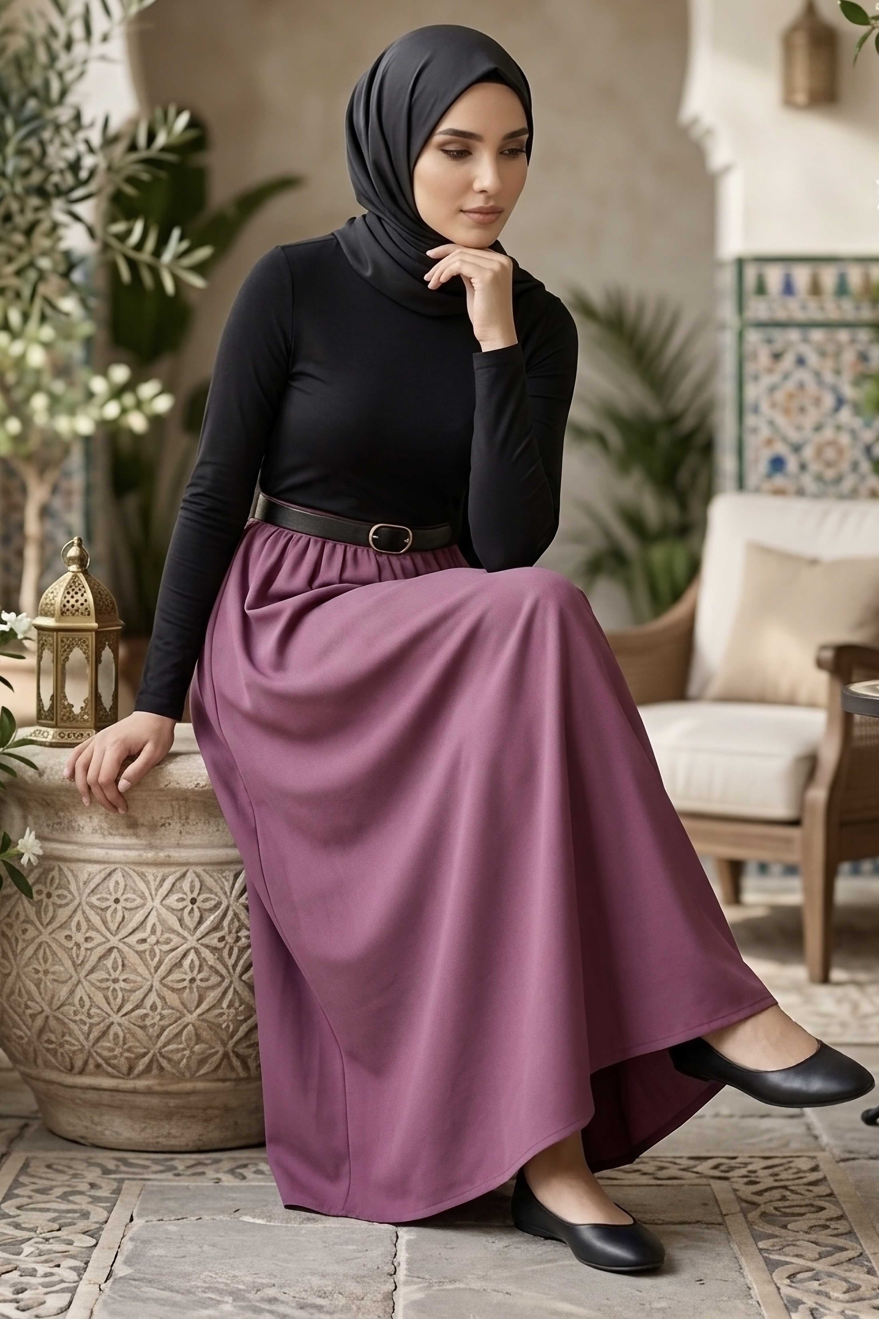 Kemerli Elbise - 28407-SIYAH-BORDO - 1