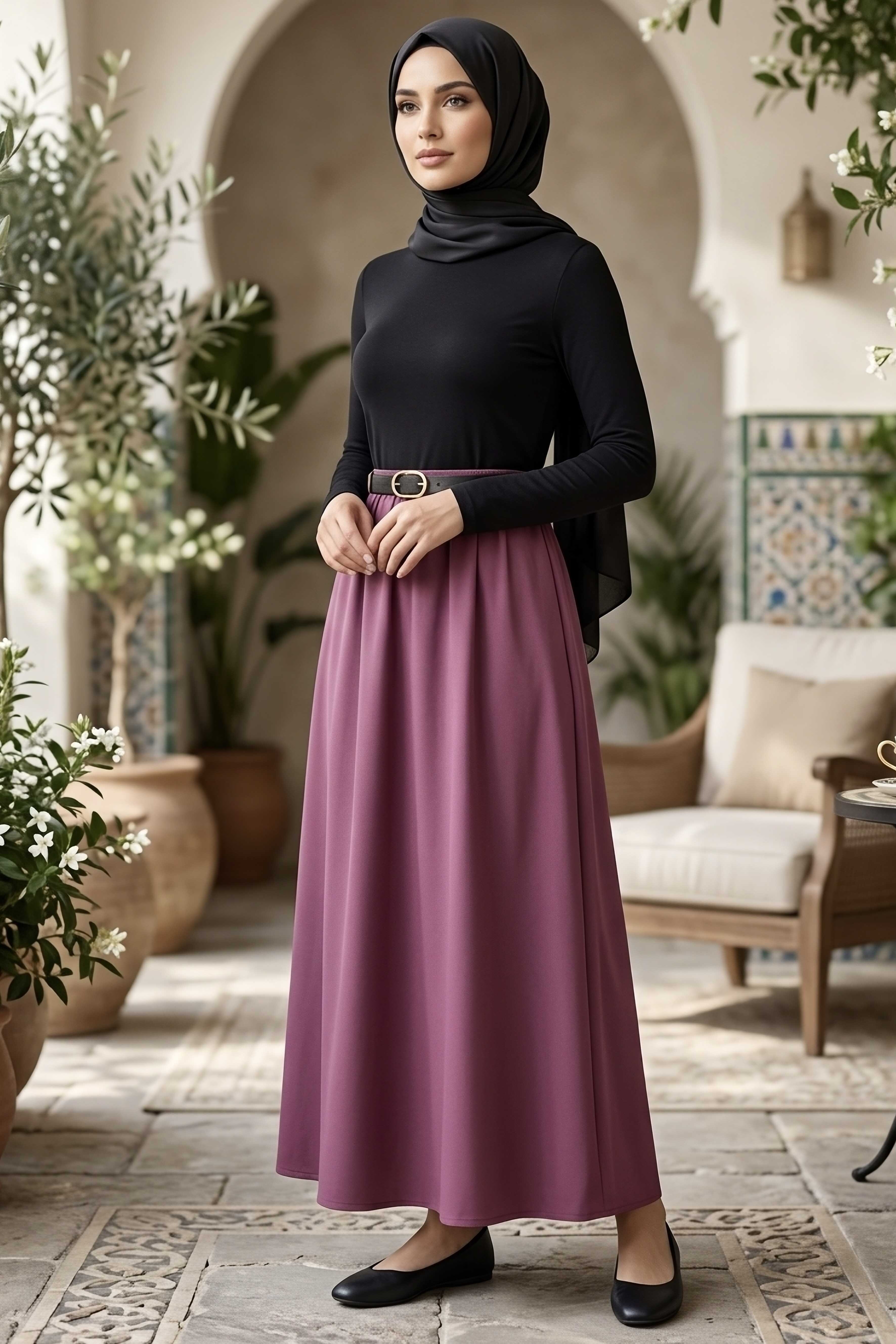 Kemerli Elbise - 28407-SIYAH-BORDO - 2