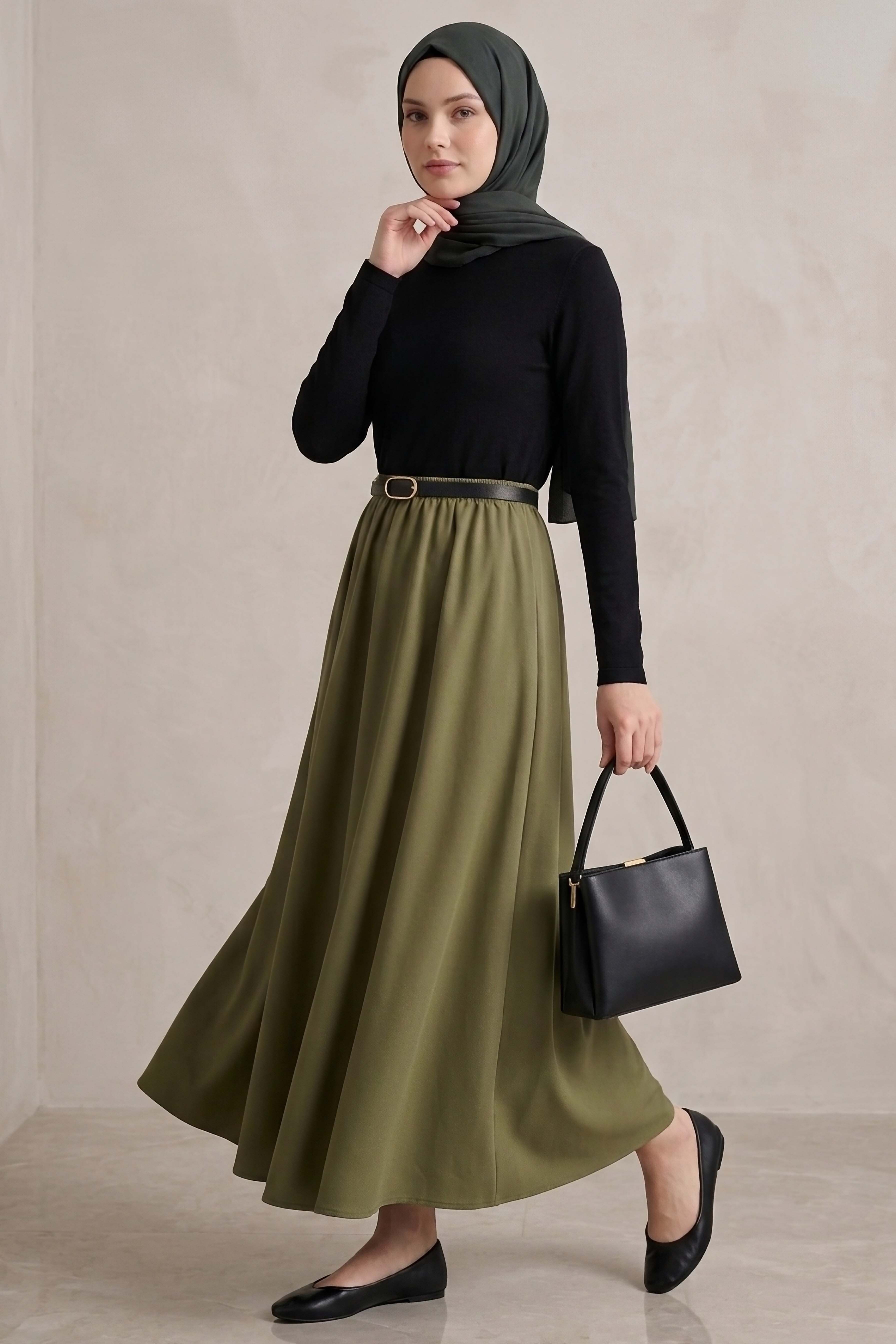 Kemerli Elbise - 28407-SIYAH-HAKI - 1