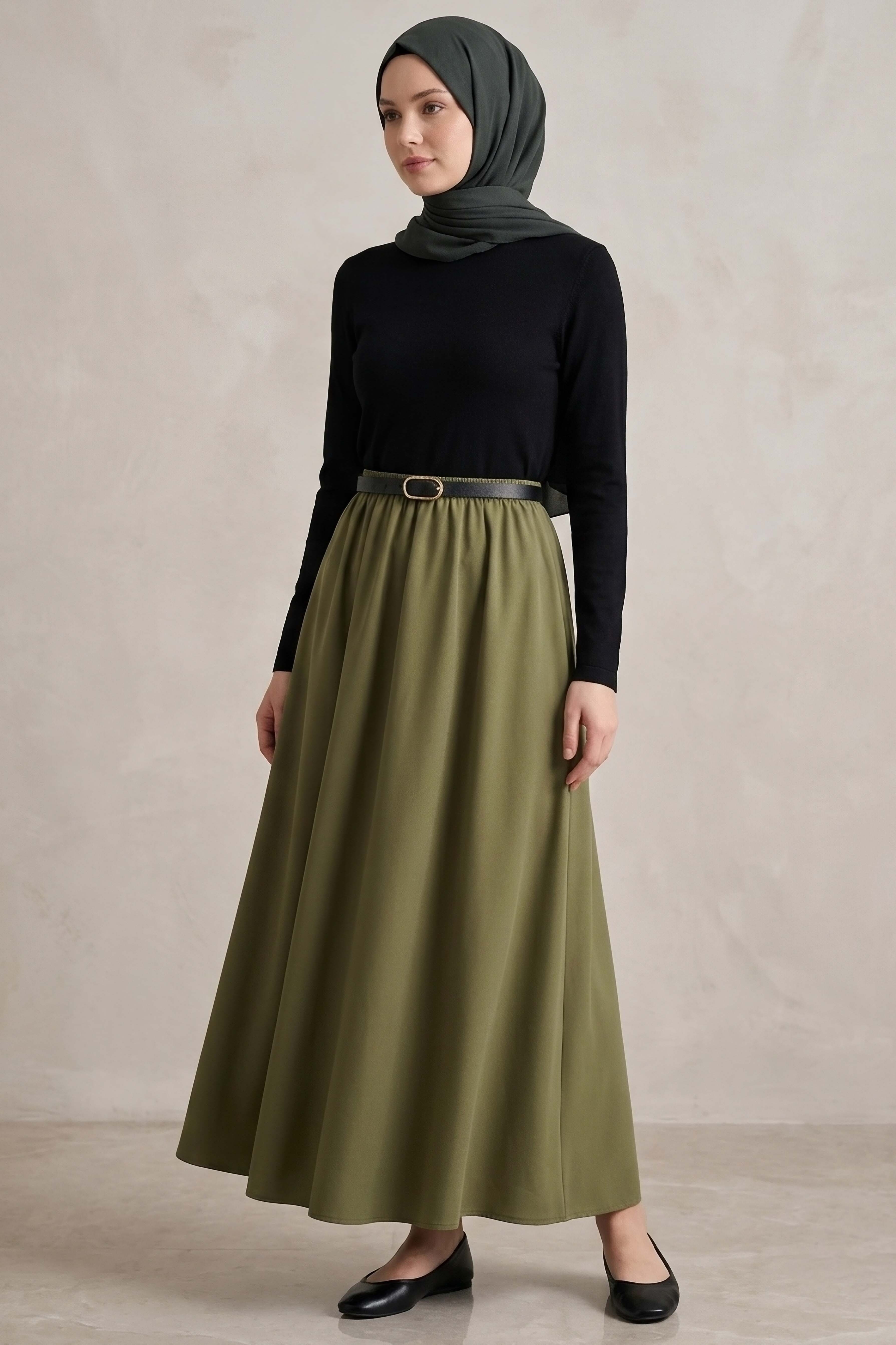 Kemerli Elbise - 28407-SIYAH-HAKI - 2