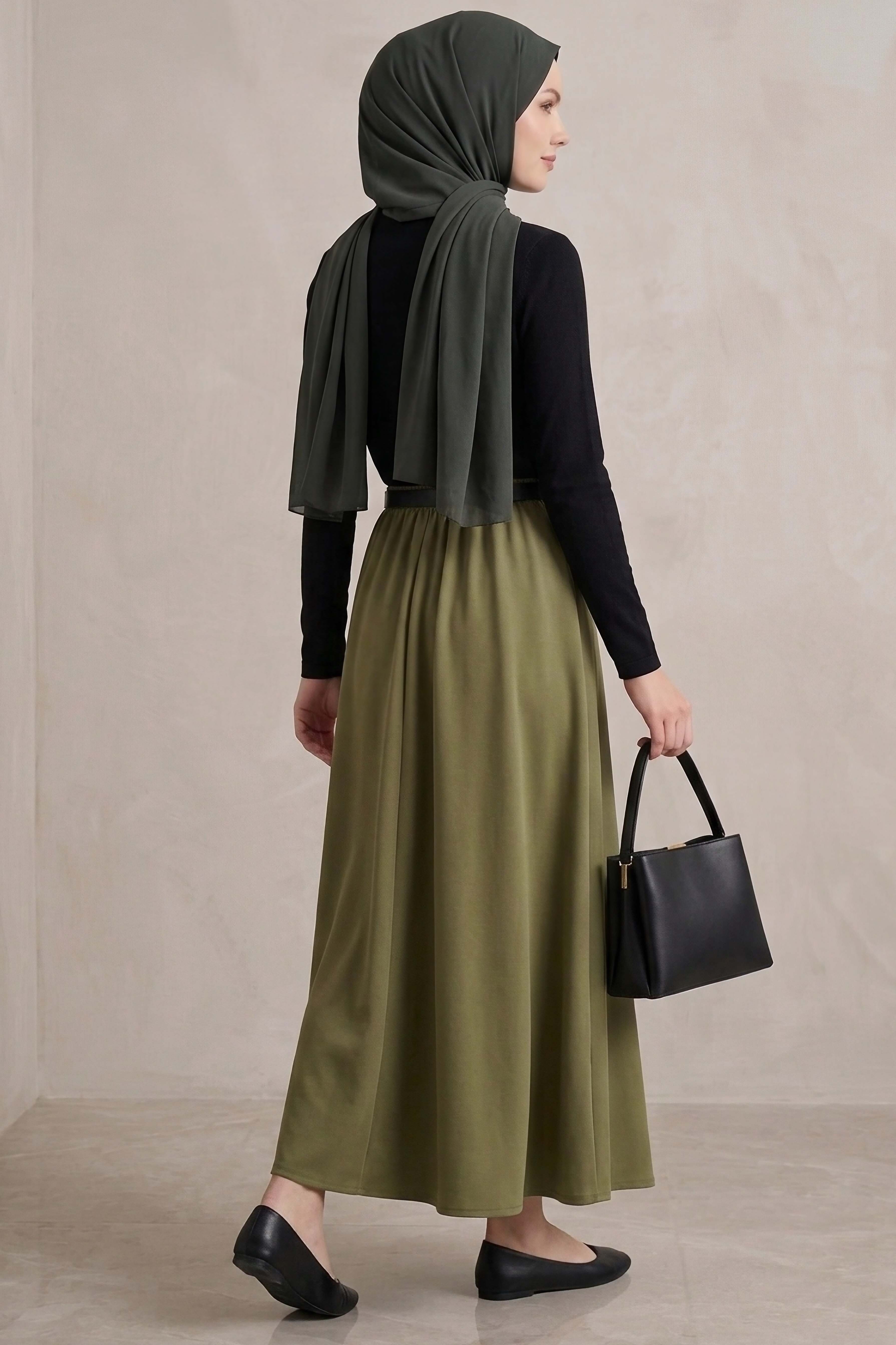 Kemerli Elbise - 28407-SIYAH-HAKI - 3