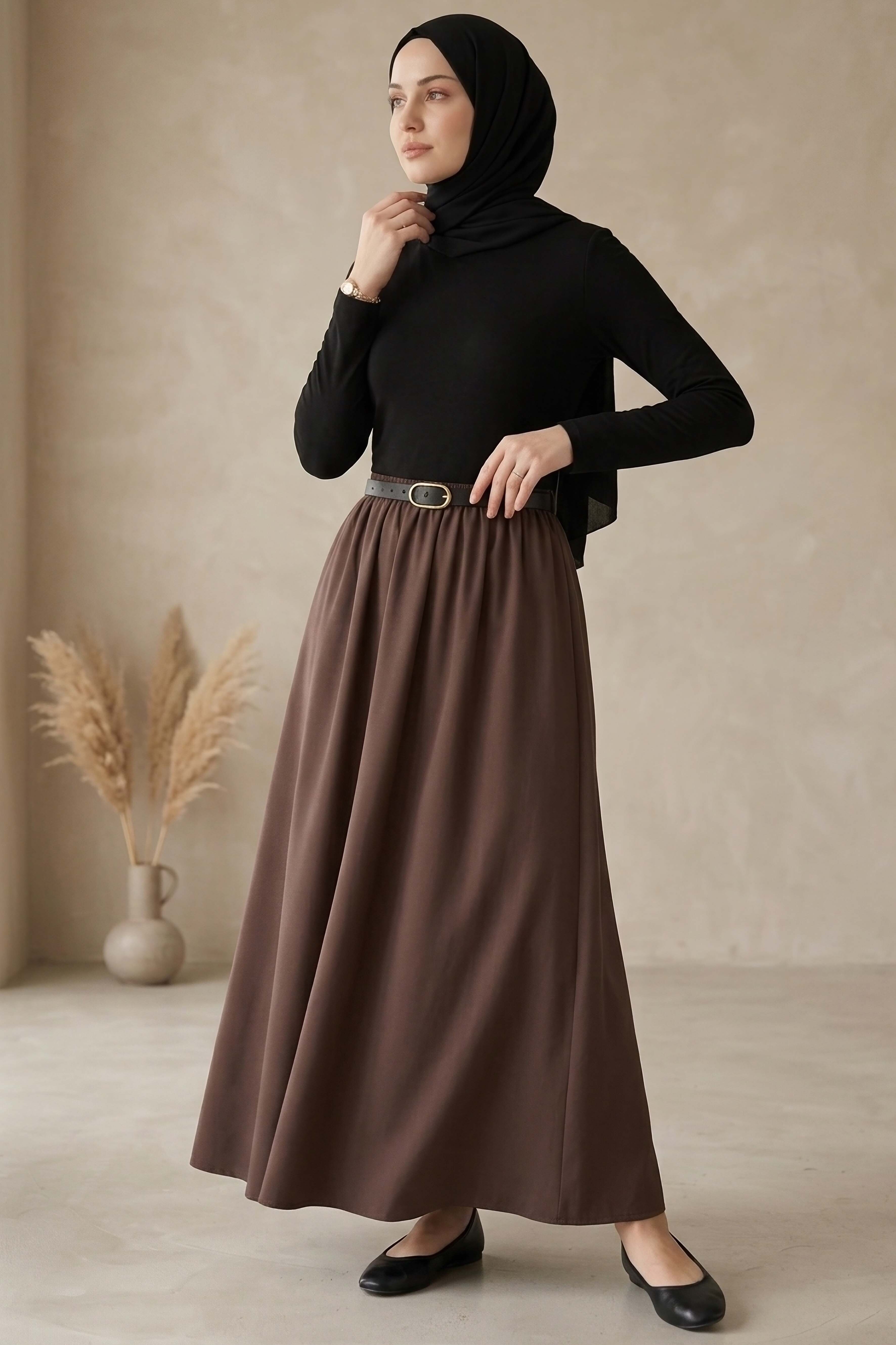 Kemerli Elbise - 28407-SIYAH-KAHVE - 1