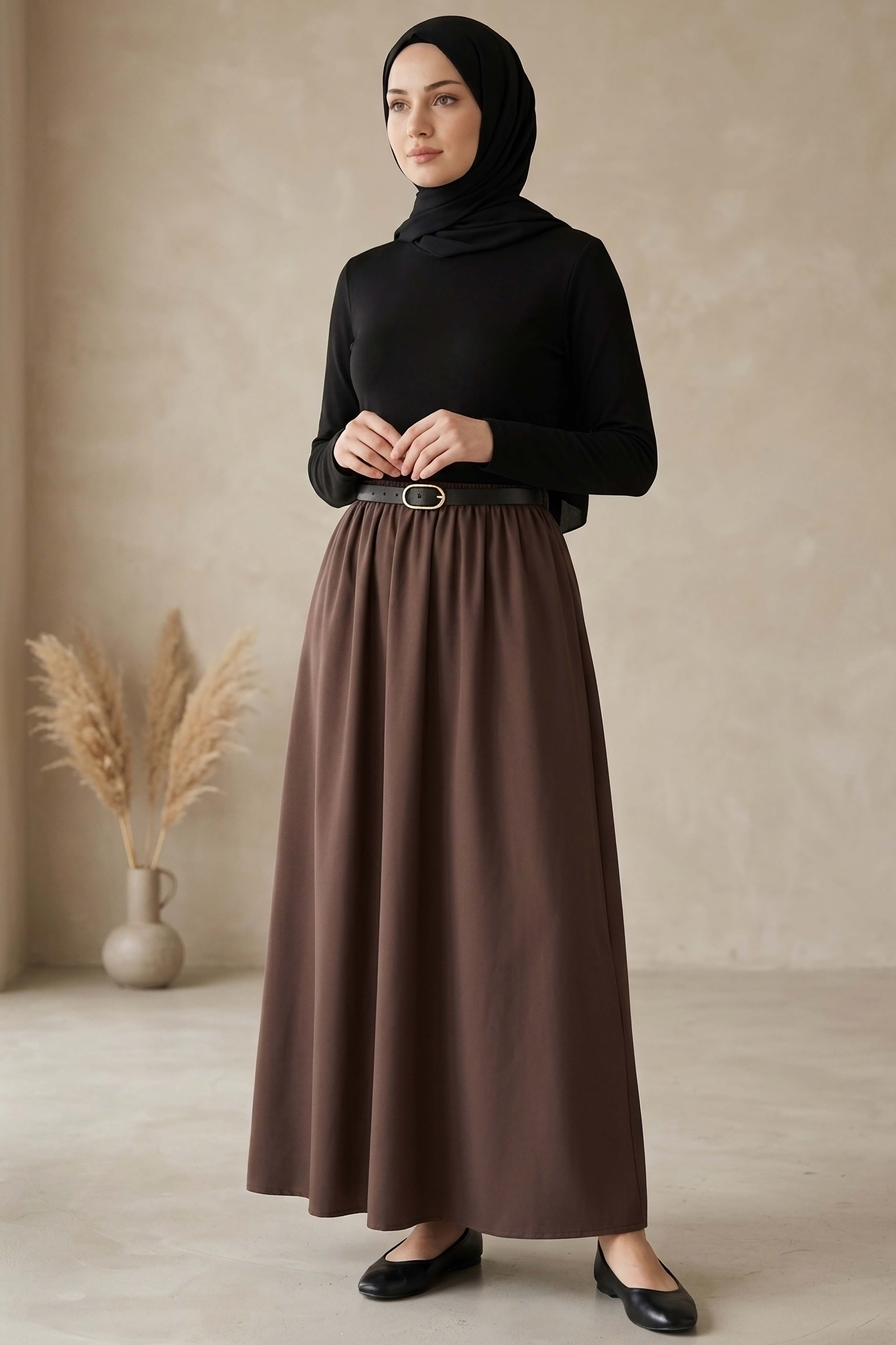 Kemerli Elbise - 28407-SIYAH-KAHVE - 2