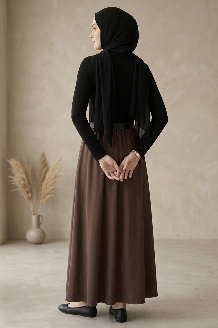 Kemerli Elbise - 28407-SIYAH-KAHVE - 3