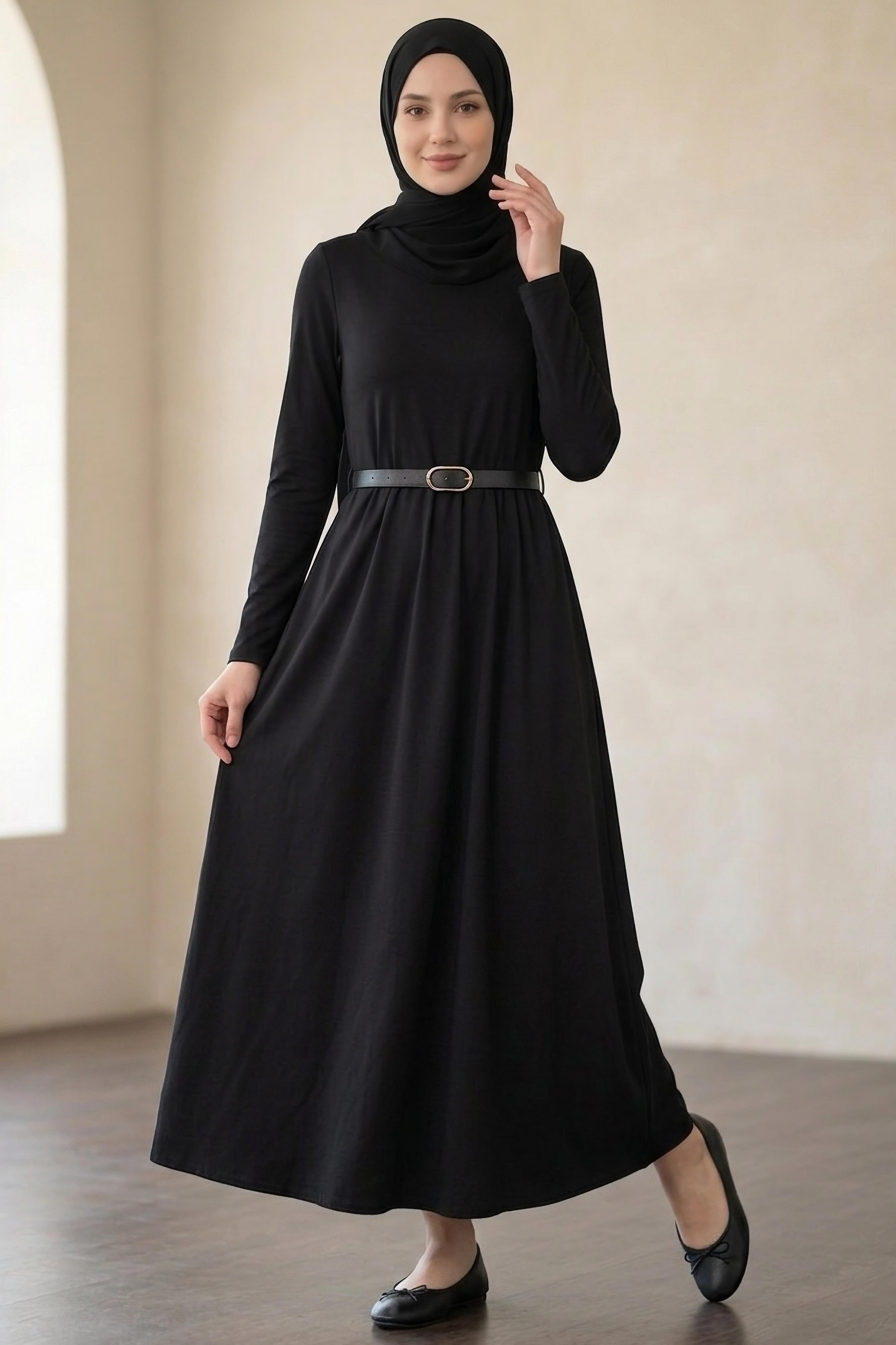 Kemerli Elbise - 28407-SIYAH - 1