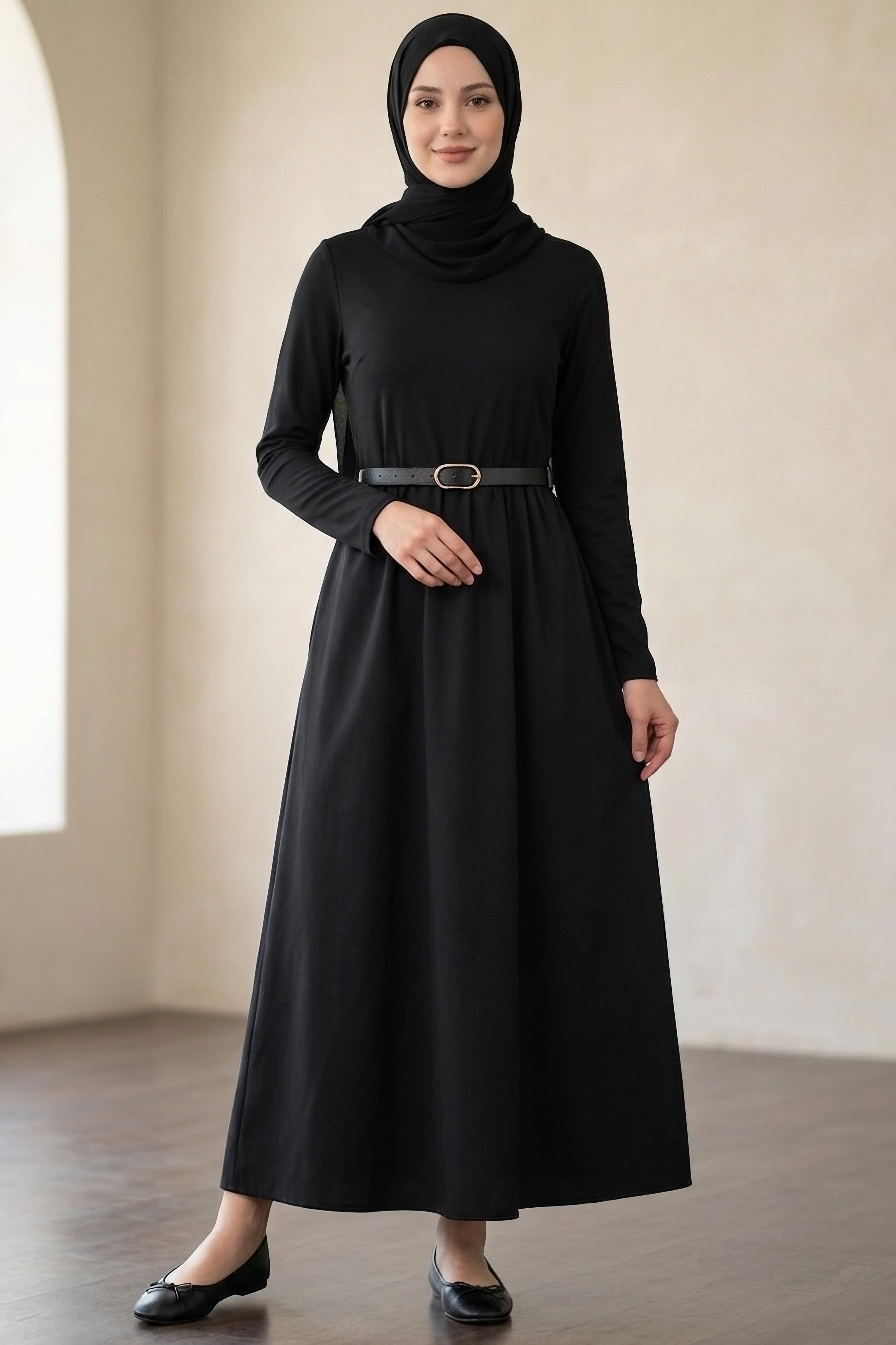 Kemerli Elbise - 28407-SIYAH - 2