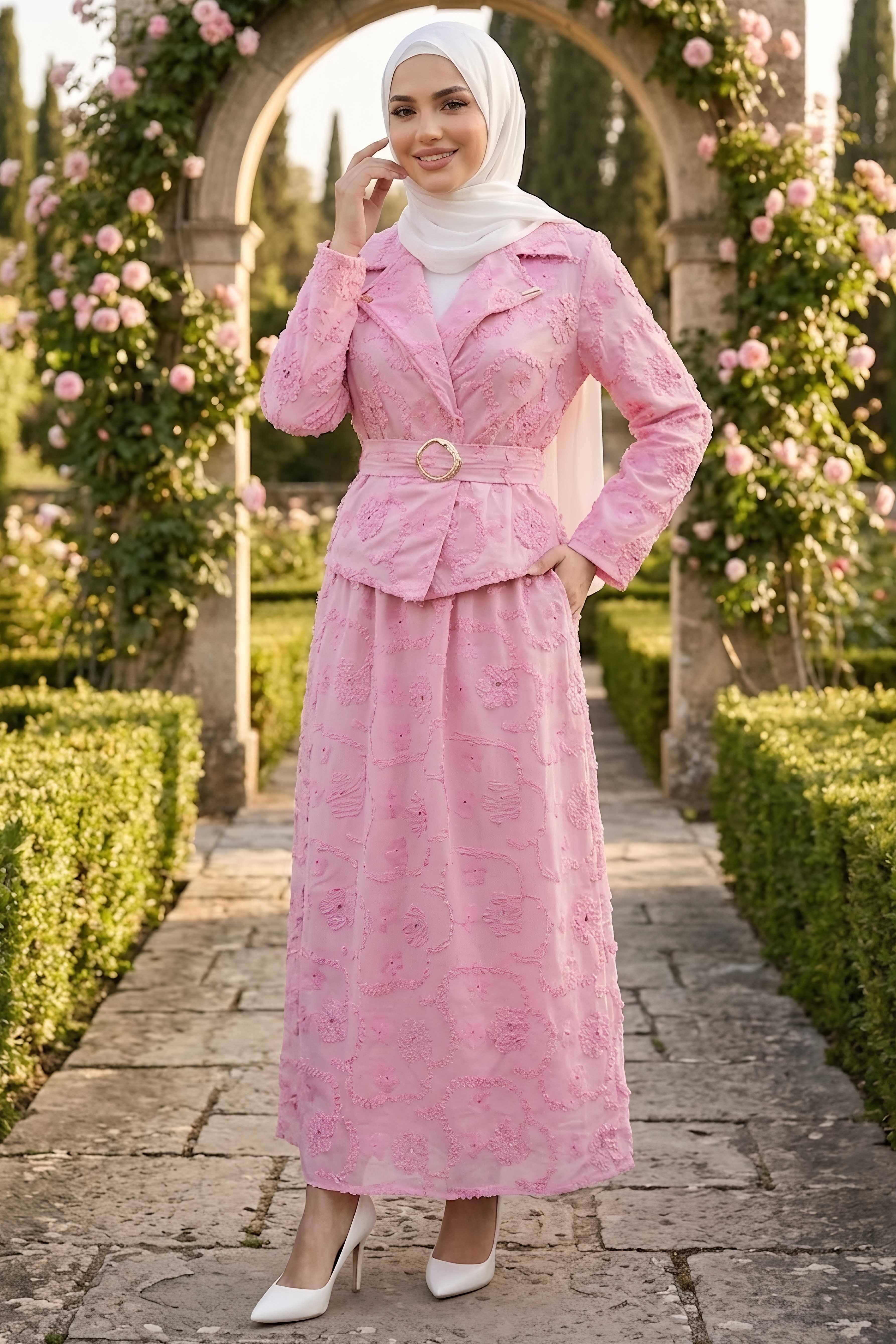 Kemerli Etekli İkili Takım Pembe - 28645-PEMBE - 1