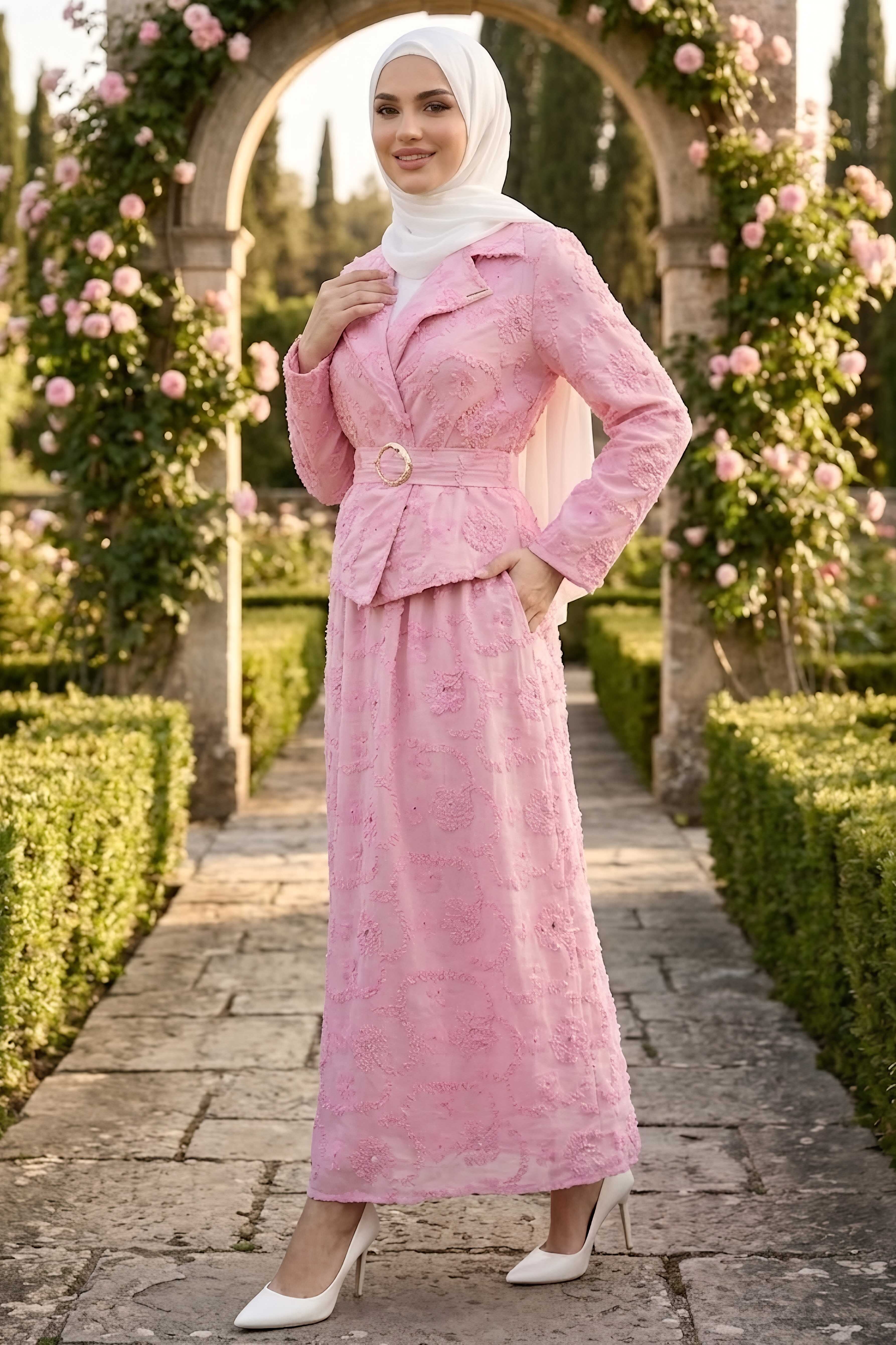 Kemerli Etekli İkili Takım Pembe - 28645-PEMBE - 2