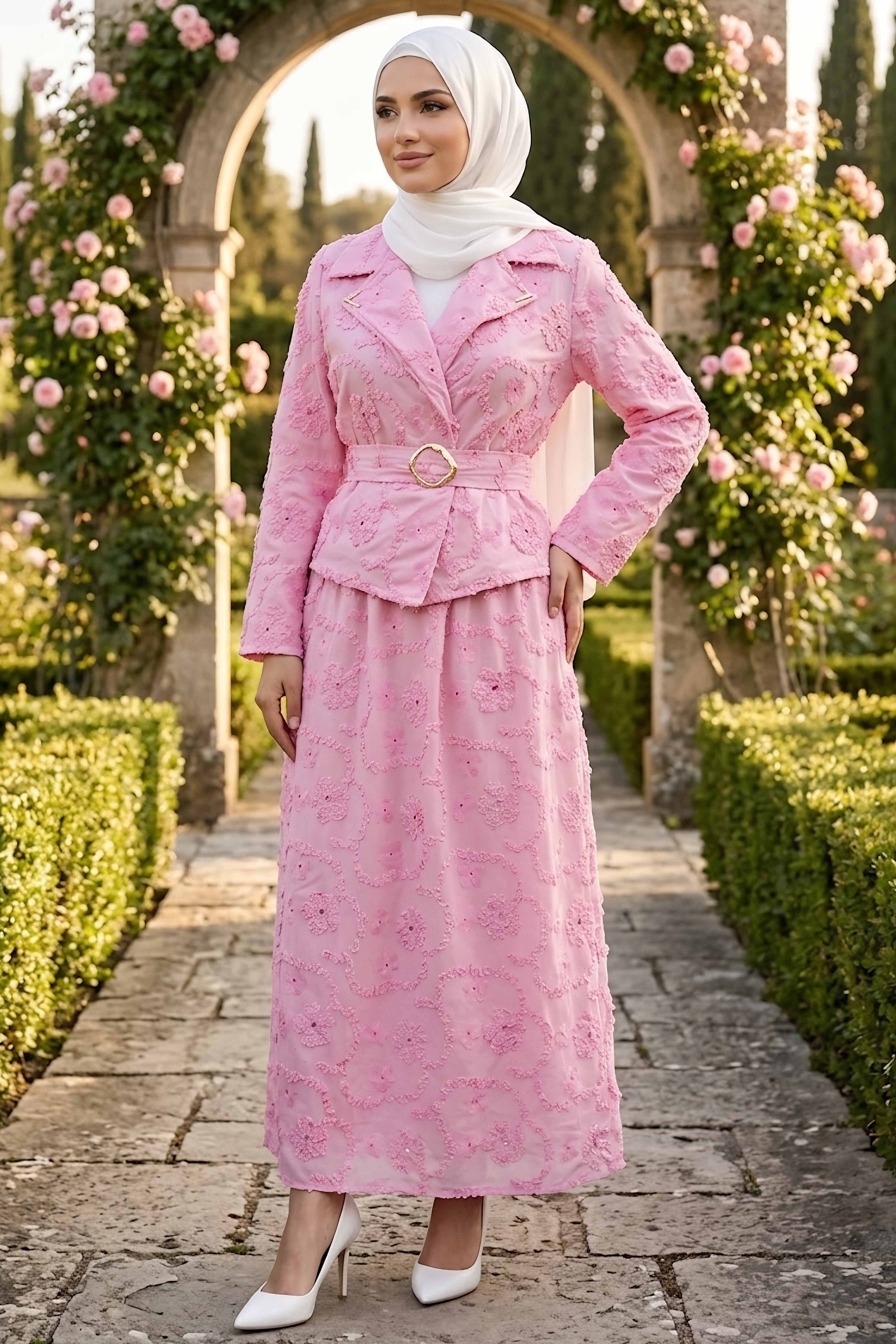 Kemerli Etekli İkili Takım Pembe - 28645-PEMBE - 3