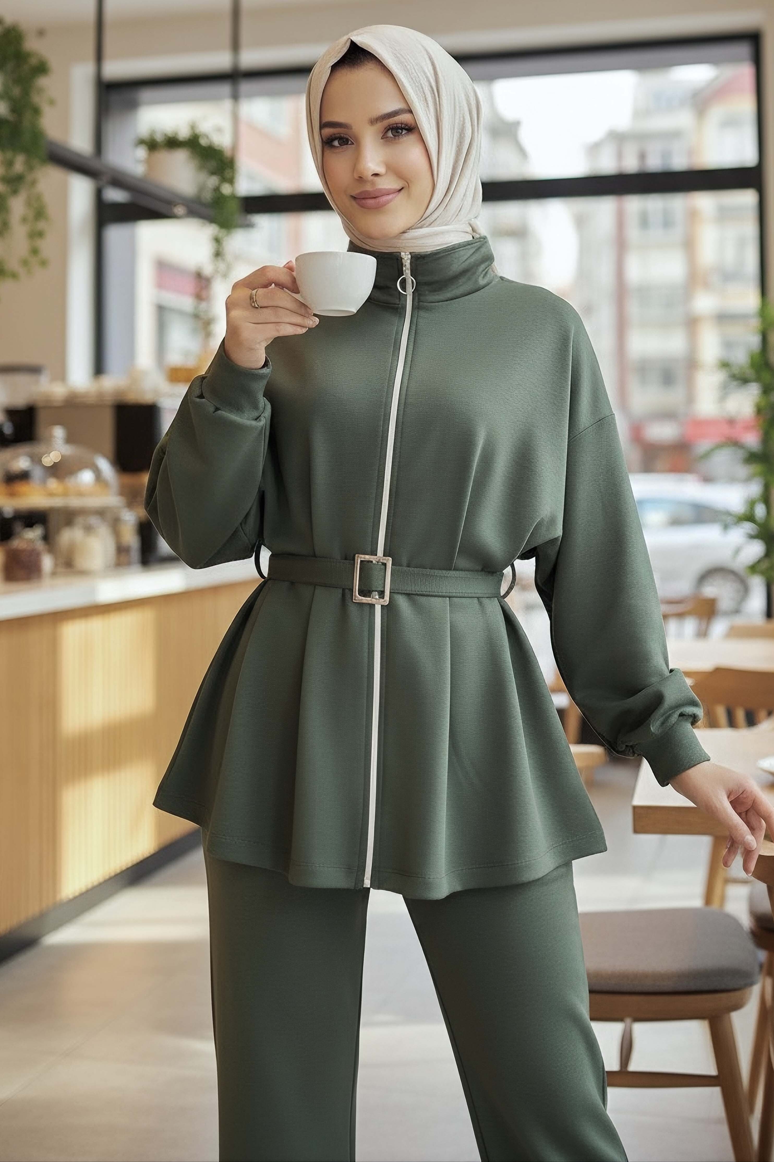 Kemerli Fermuarlı Modal İkili Takım - 28033-HAKI - 1