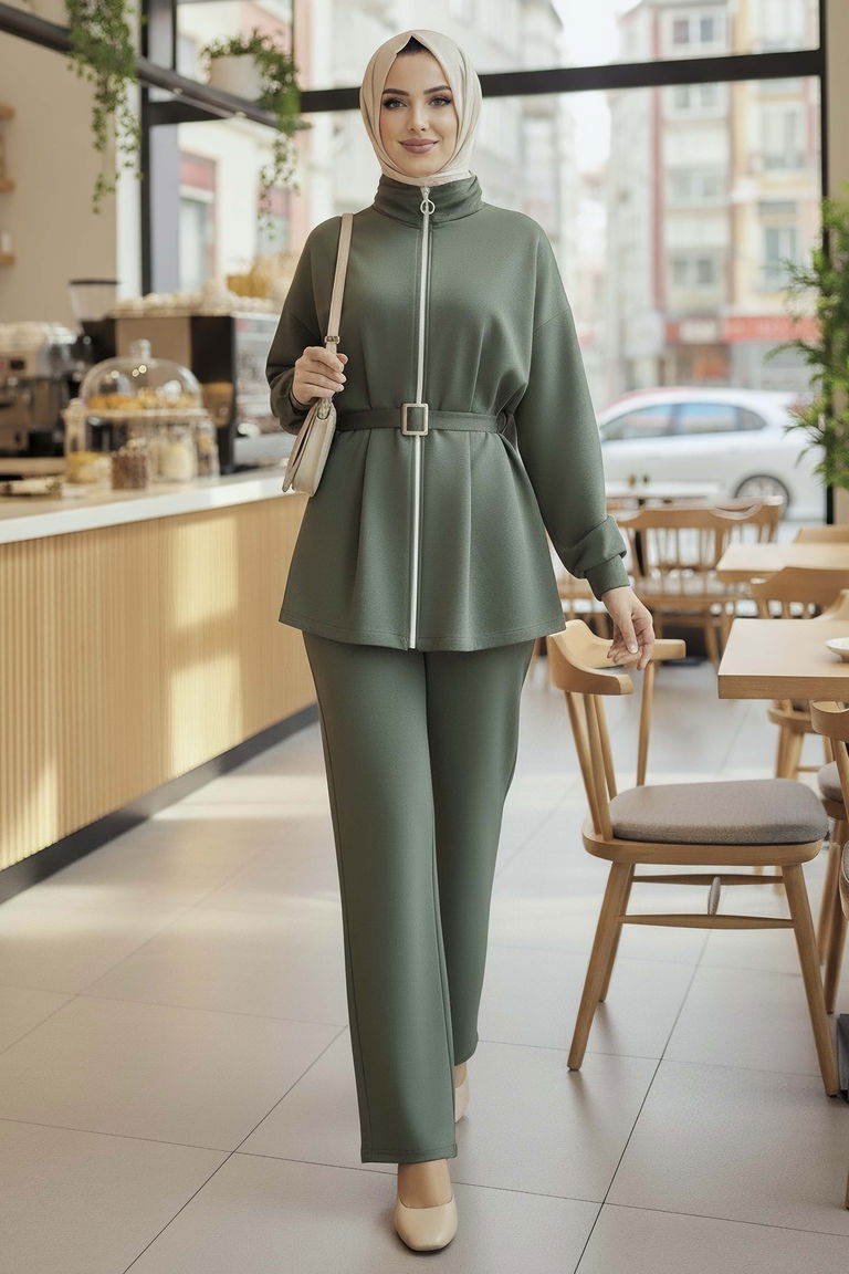 Kemerli Fermuarlı Modal İkili Takım - 28033-HAKI - TOFİSA