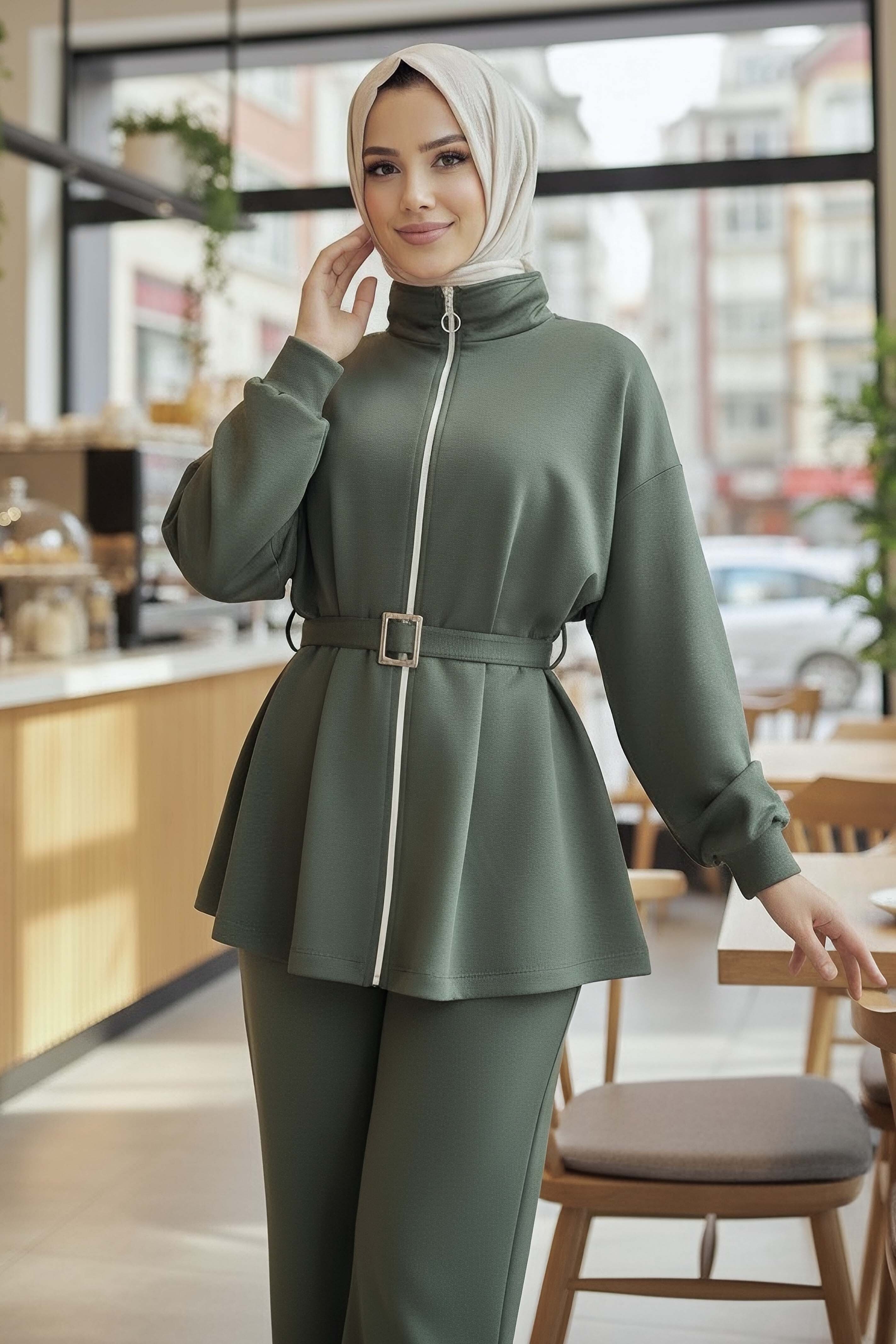 Kemerli Fermuarlı Modal İkili Takım - 28033-HAKI - 3