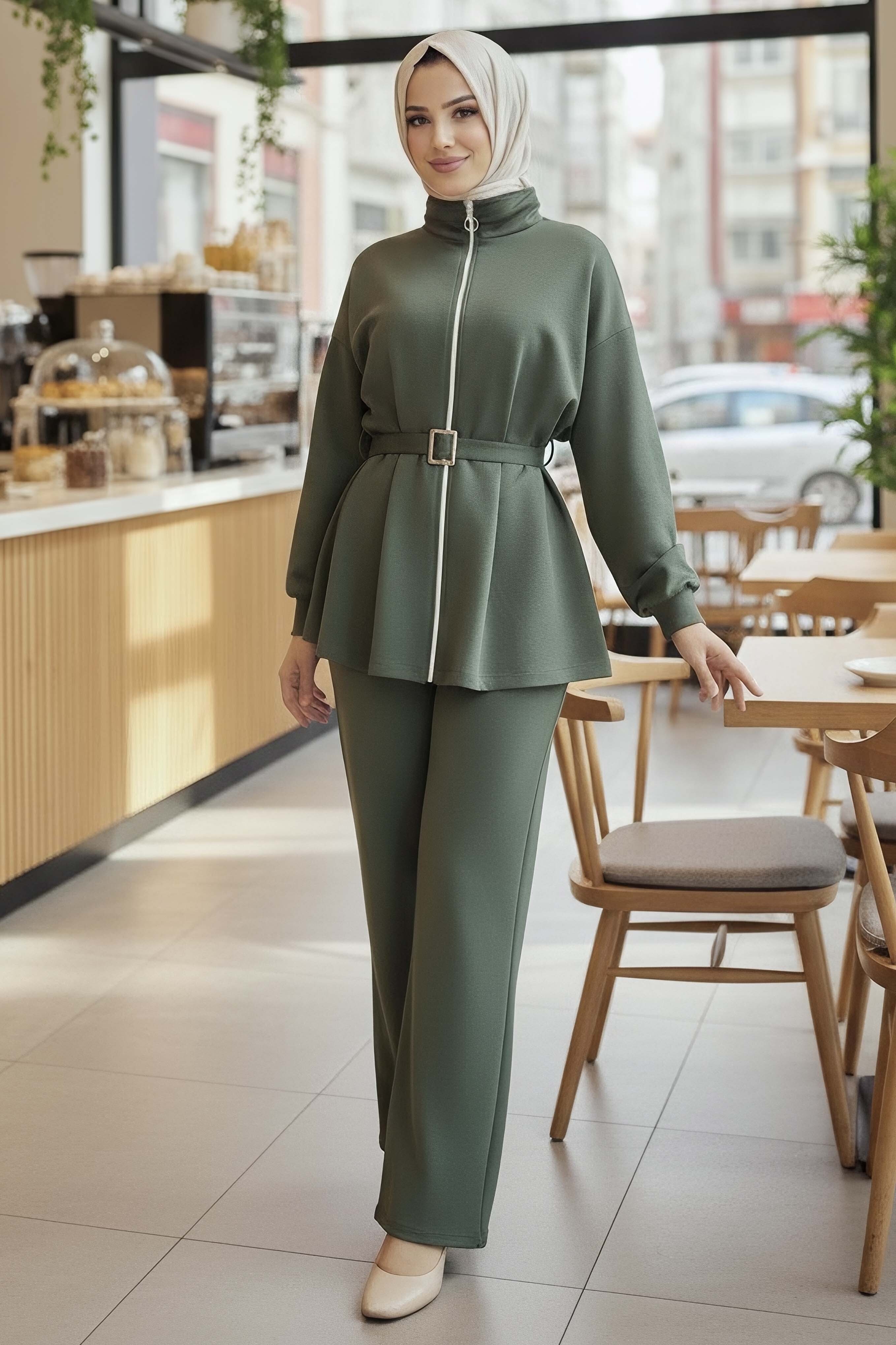 Kemerli Fermuarlı Modal İkili Takım - 28033-HAKI - 4