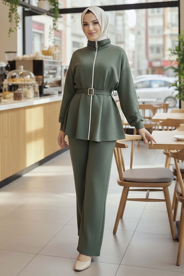 Kemerli Fermuarlı Modal İkili Takım - 28033-HAKI - TOFİSA