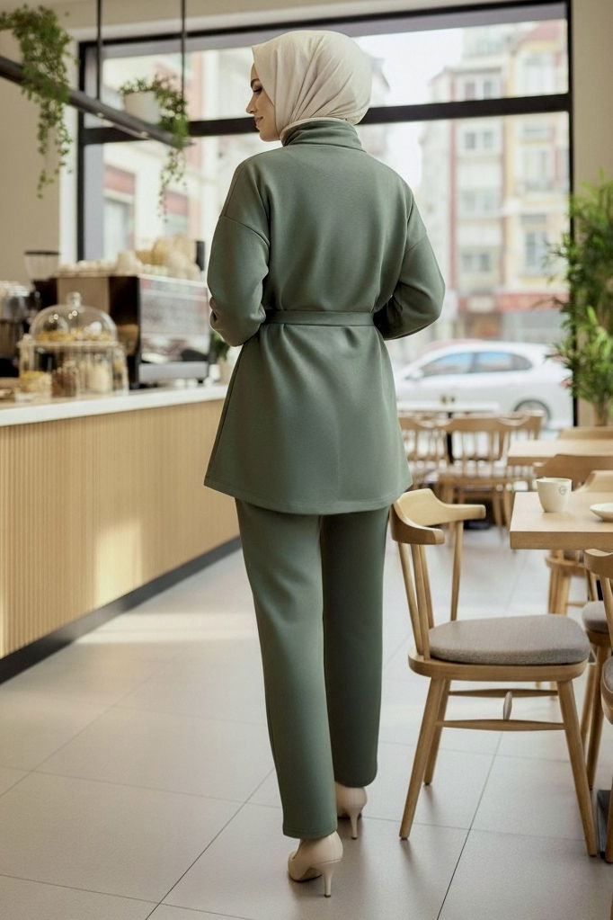 Kemerli Fermuarlı Modal İkili Takım - 28033-HAKI - TOFİSA