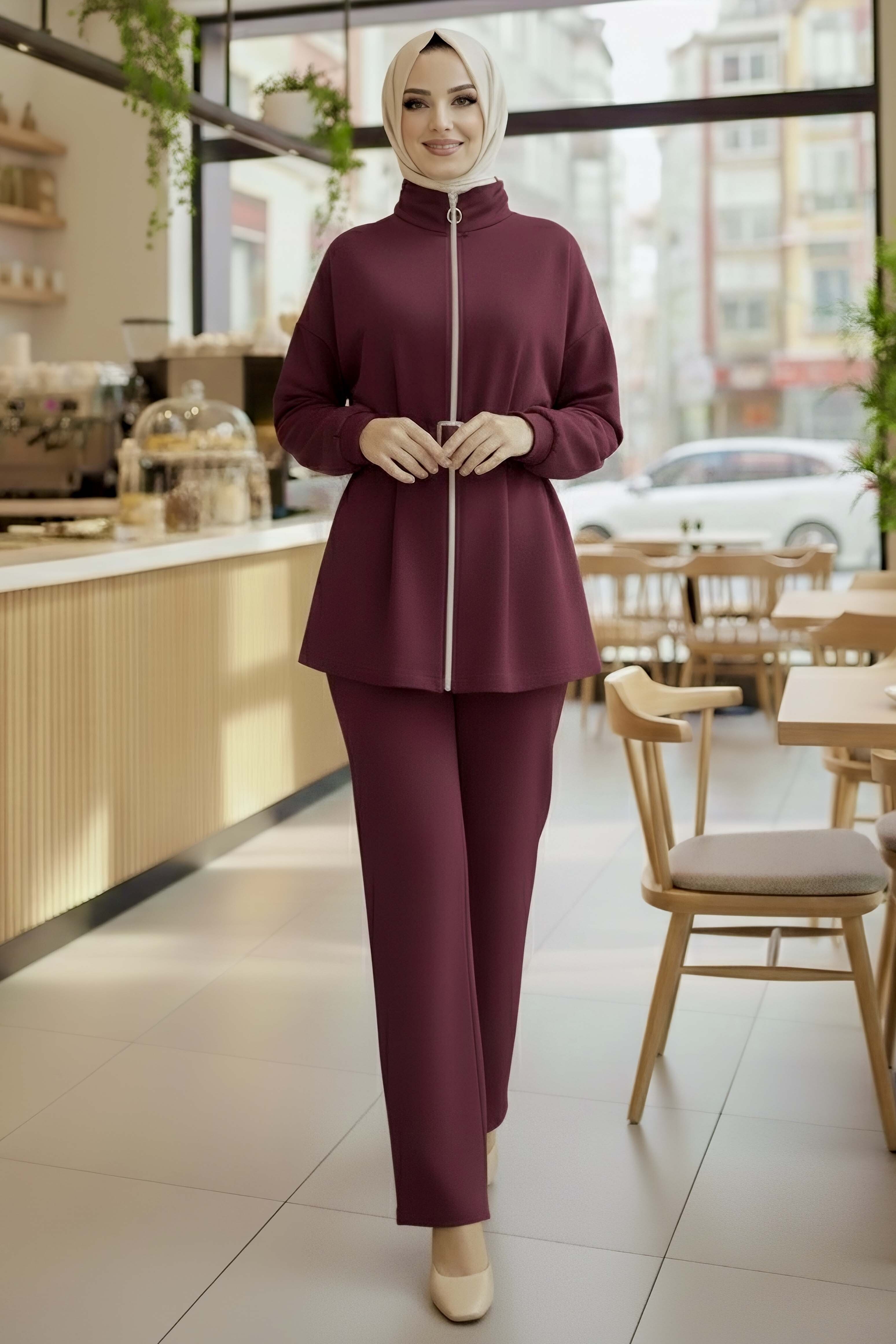 Kemerli Fermuarlı Modal İkili Takım - 28033-MURDUM - 1