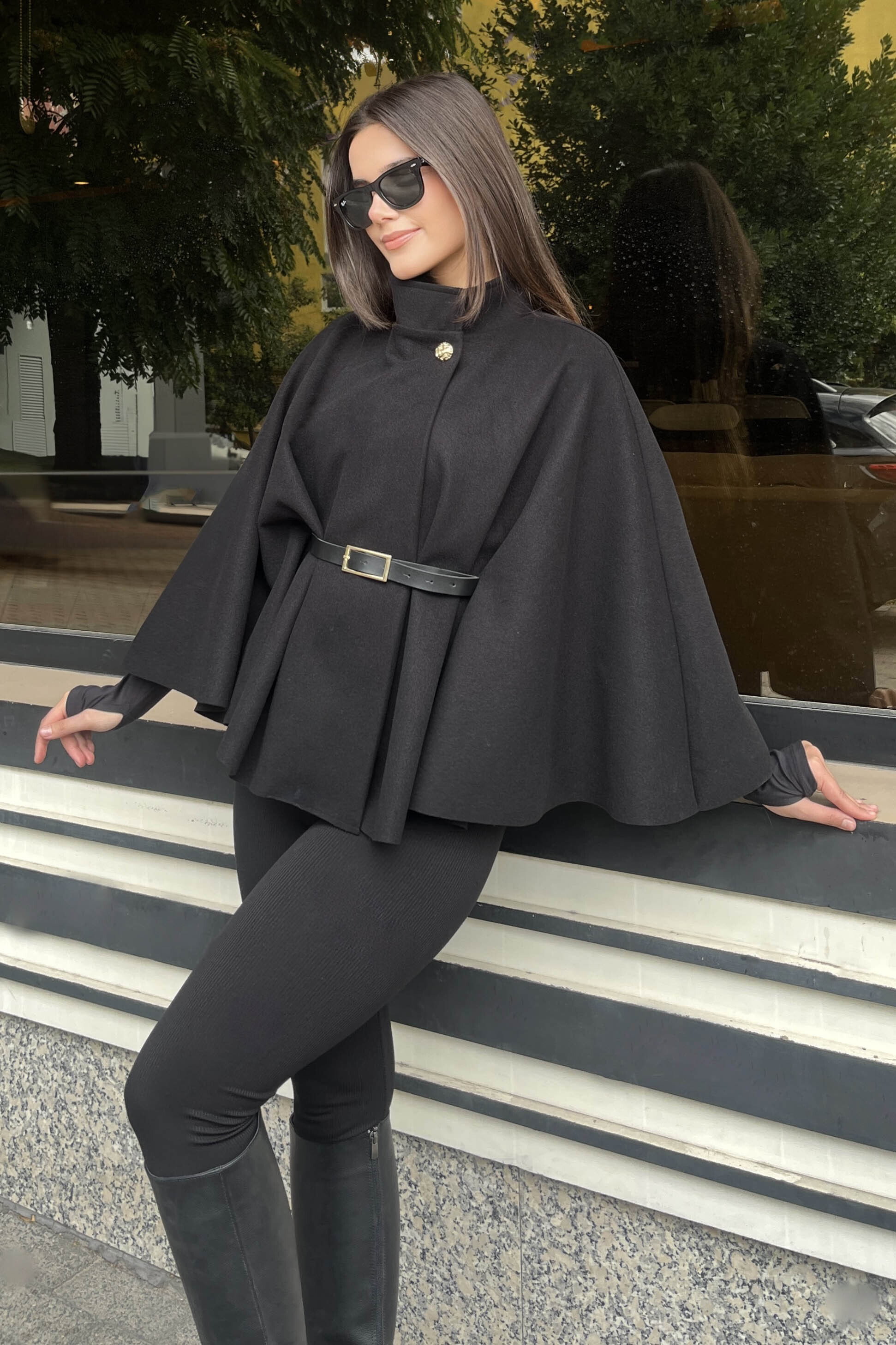 Kemerli Kaşe Panço - 27826-SIYAH - 1