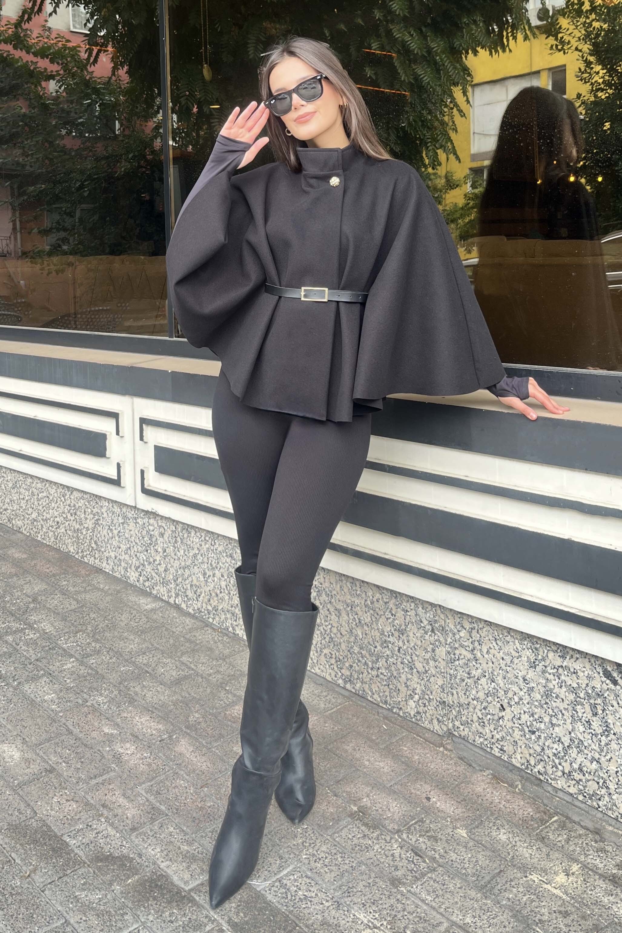 Kemerli Kaşe Panço - 27826-SIYAH - 3