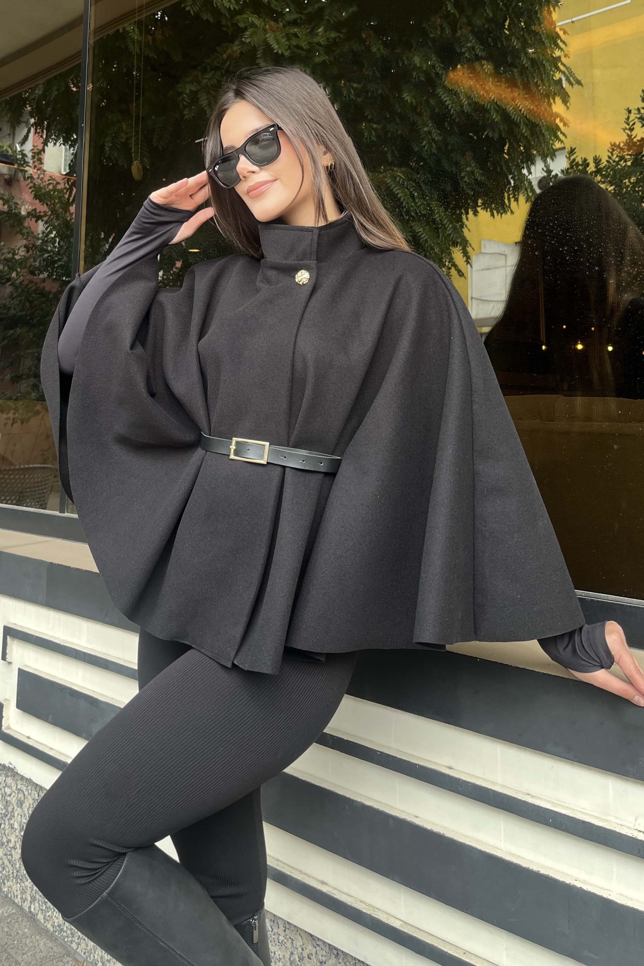 Kemerli Kaşe Panço - 27826-SIYAH - 4