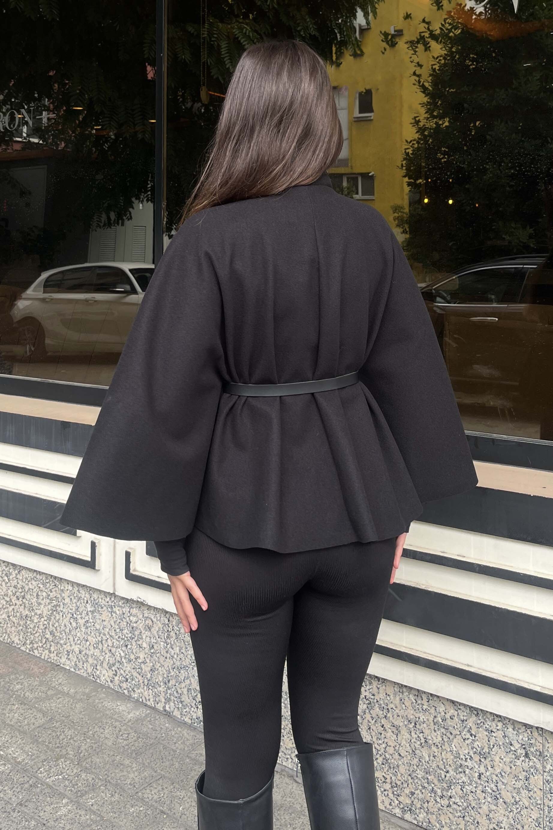 Kemerli Kaşe Panço - 27826-SIYAH - 5