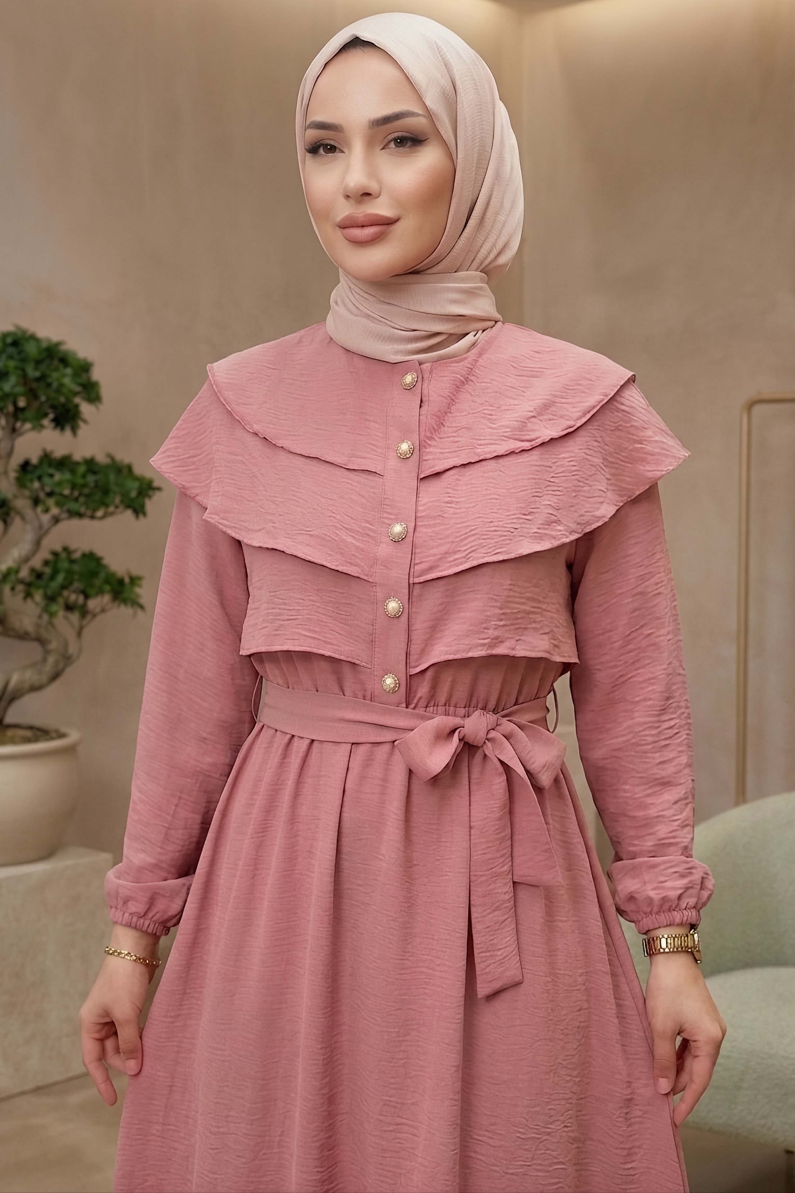 Kemerli Kat Yaka Detaylı Ebise Gül - 28776-GUL - 2