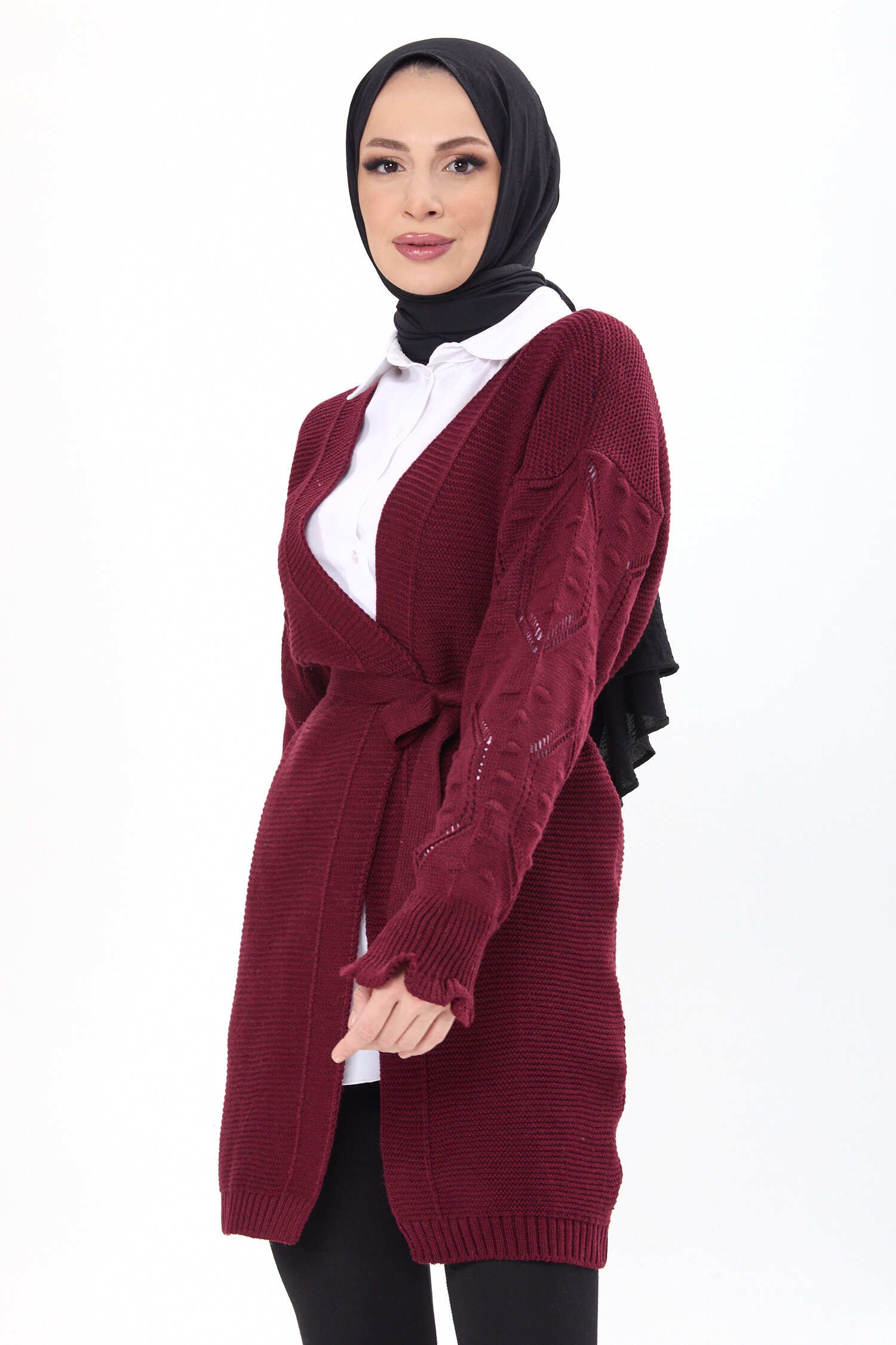 Kemerli Kolu İşlemeli Triko Hırka - 27631 - 1