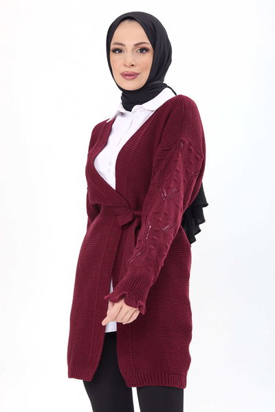 Kemerli Kolu İşlemeli Triko Hırka - 27631 