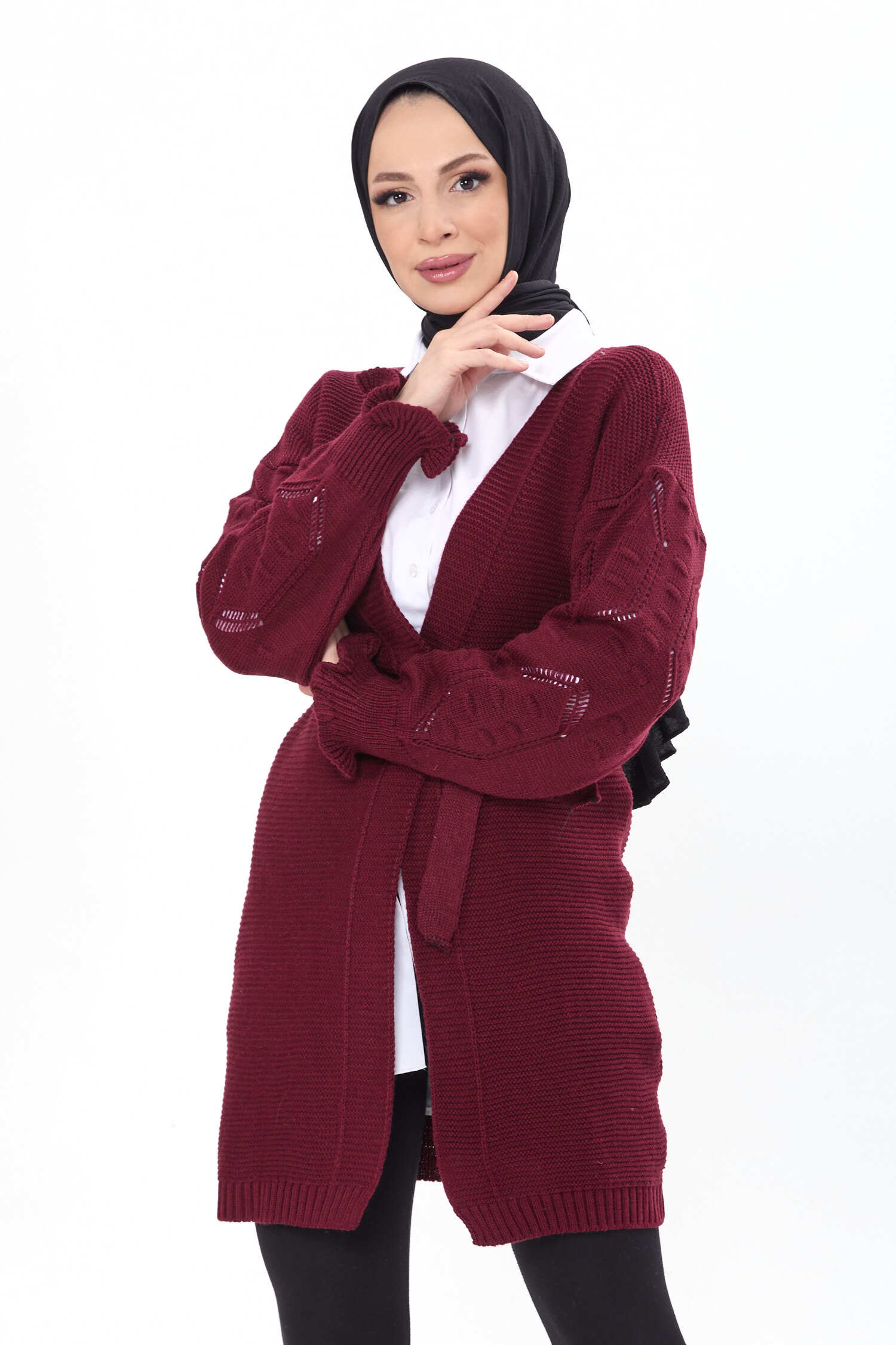 Kemerli Kolu İşlemeli Triko Hırka - 27631 - 2