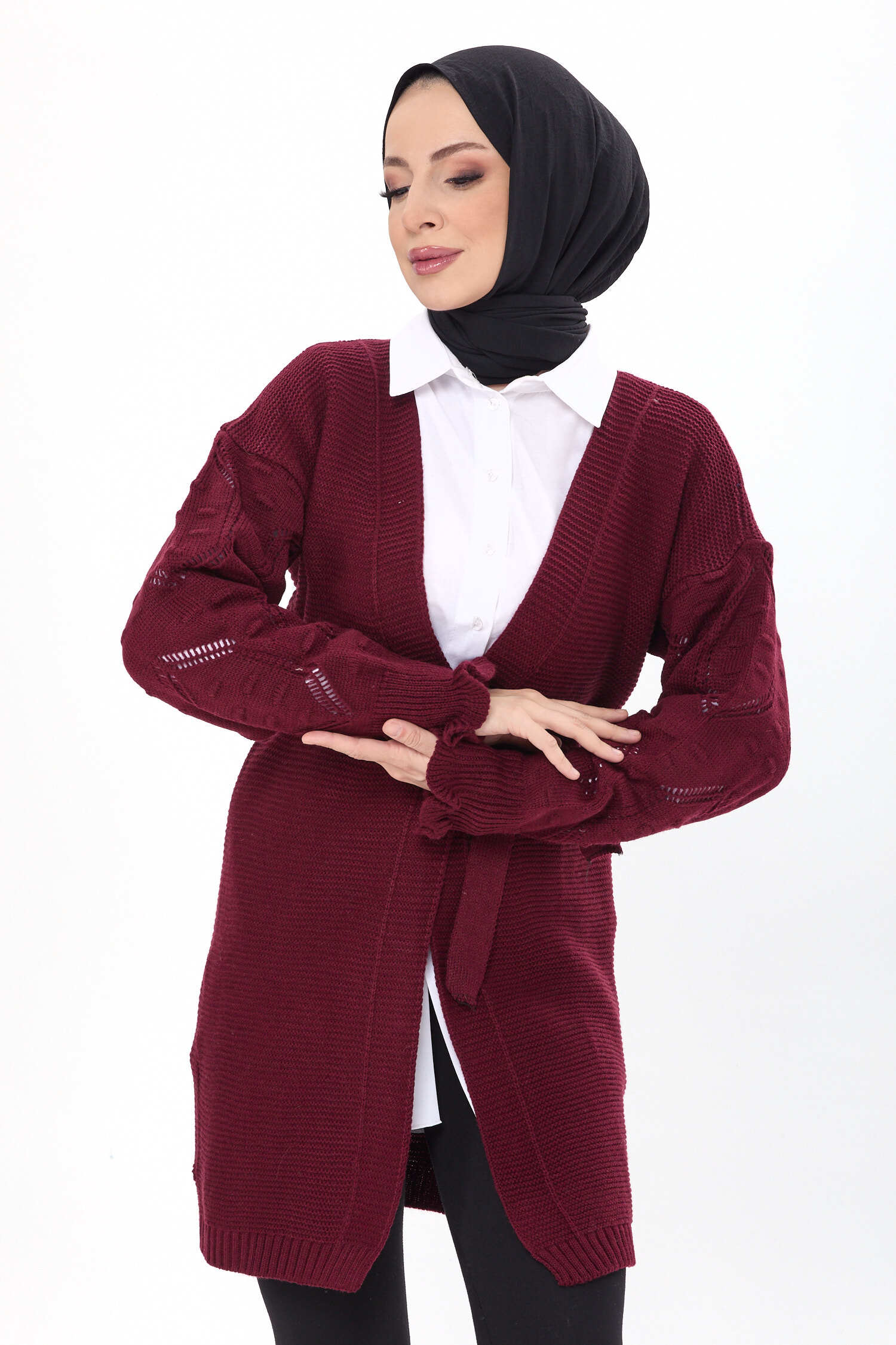 Kemerli Kolu İşlemeli Triko Hırka - 27631 - 4