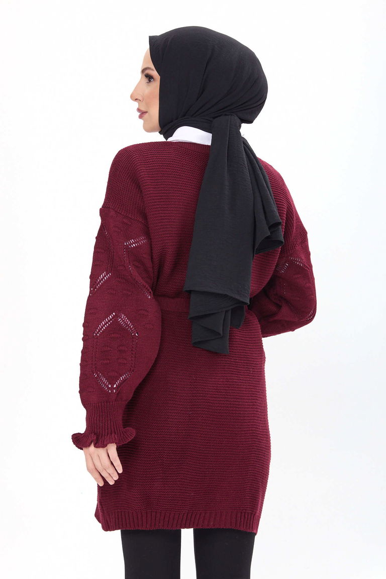 Kemerli Kolu İşlemeli Triko Hırka - 27631 - TOFİSA