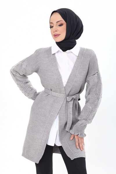 Kemerli Kolu İşlemeli Triko Hırka - 27631 