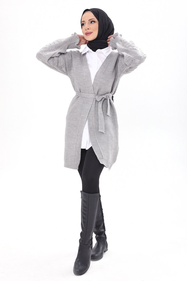 Kemerli Kolu İşlemeli Triko Hırka - 27631 - TOFİSA