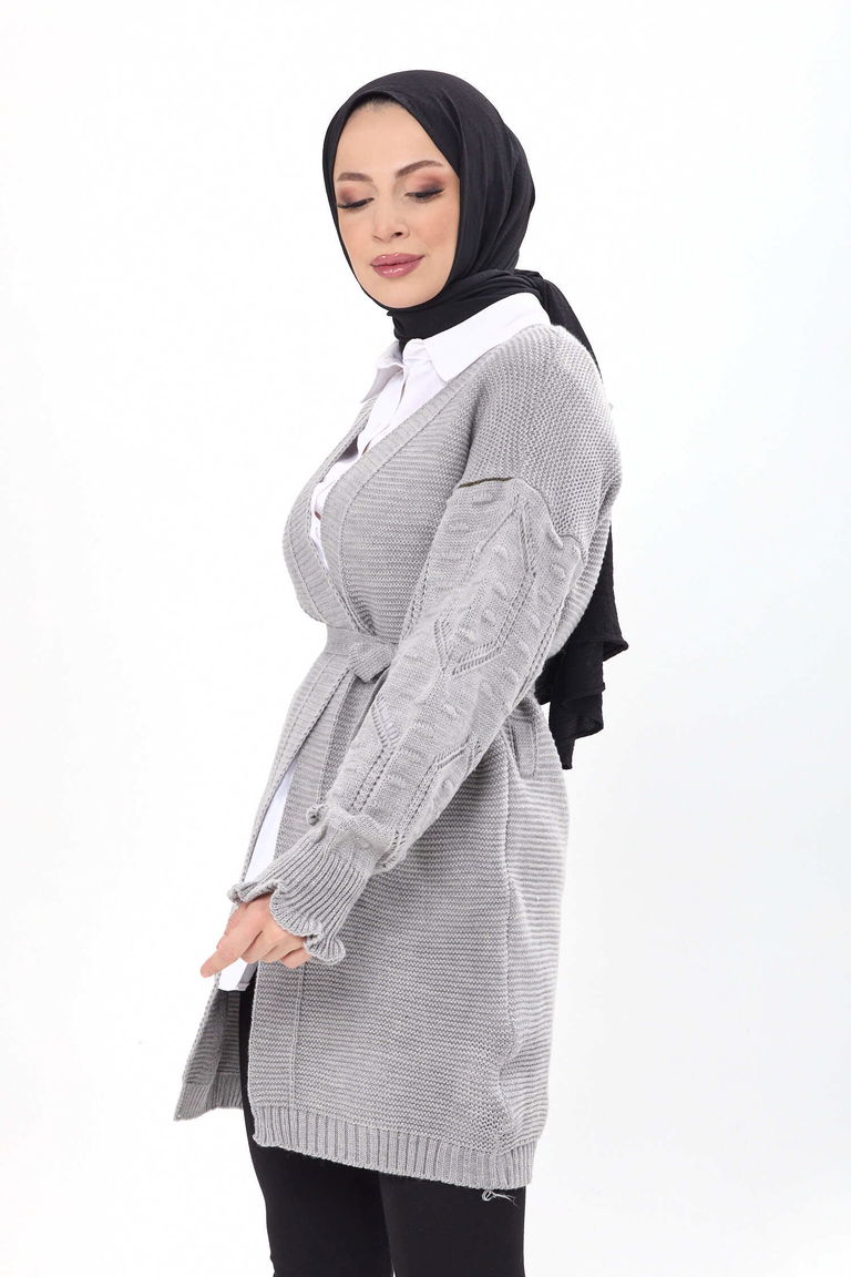 Kemerli Kolu İşlemeli Triko Hırka - 27631 - TOFİSA