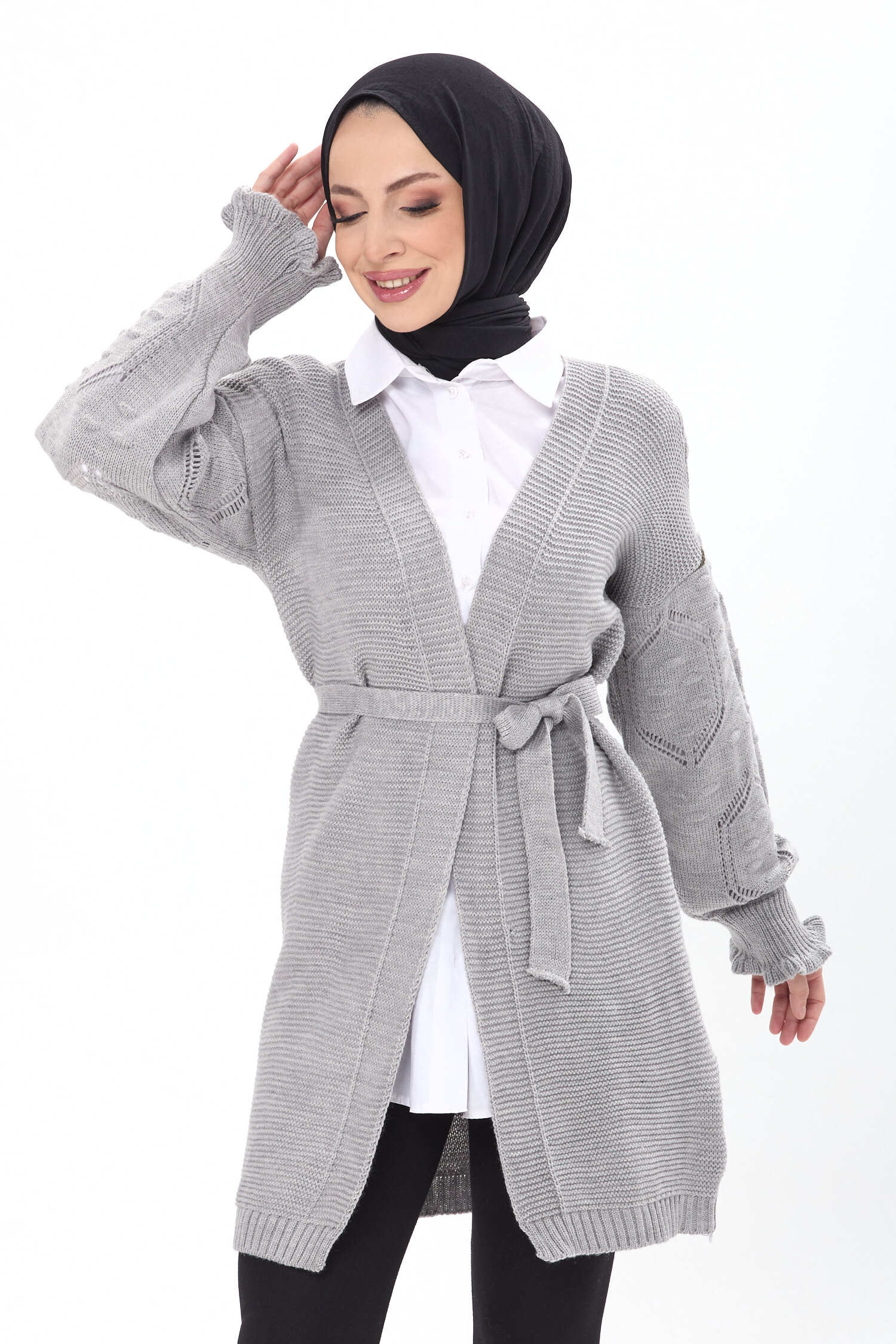 Kemerli Kolu İşlemeli Triko Hırka - 27631 - 4