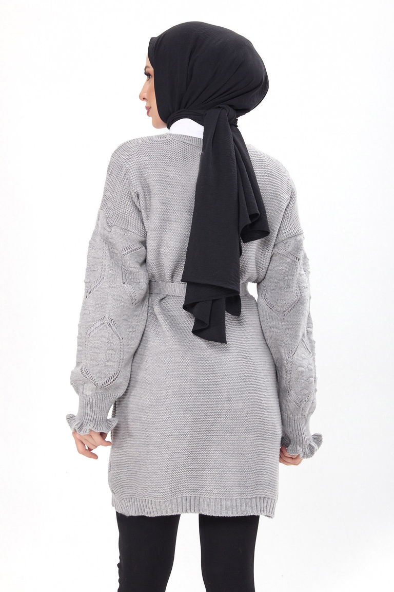 Kemerli Kolu İşlemeli Triko Hırka - 27631 - TOFİSA