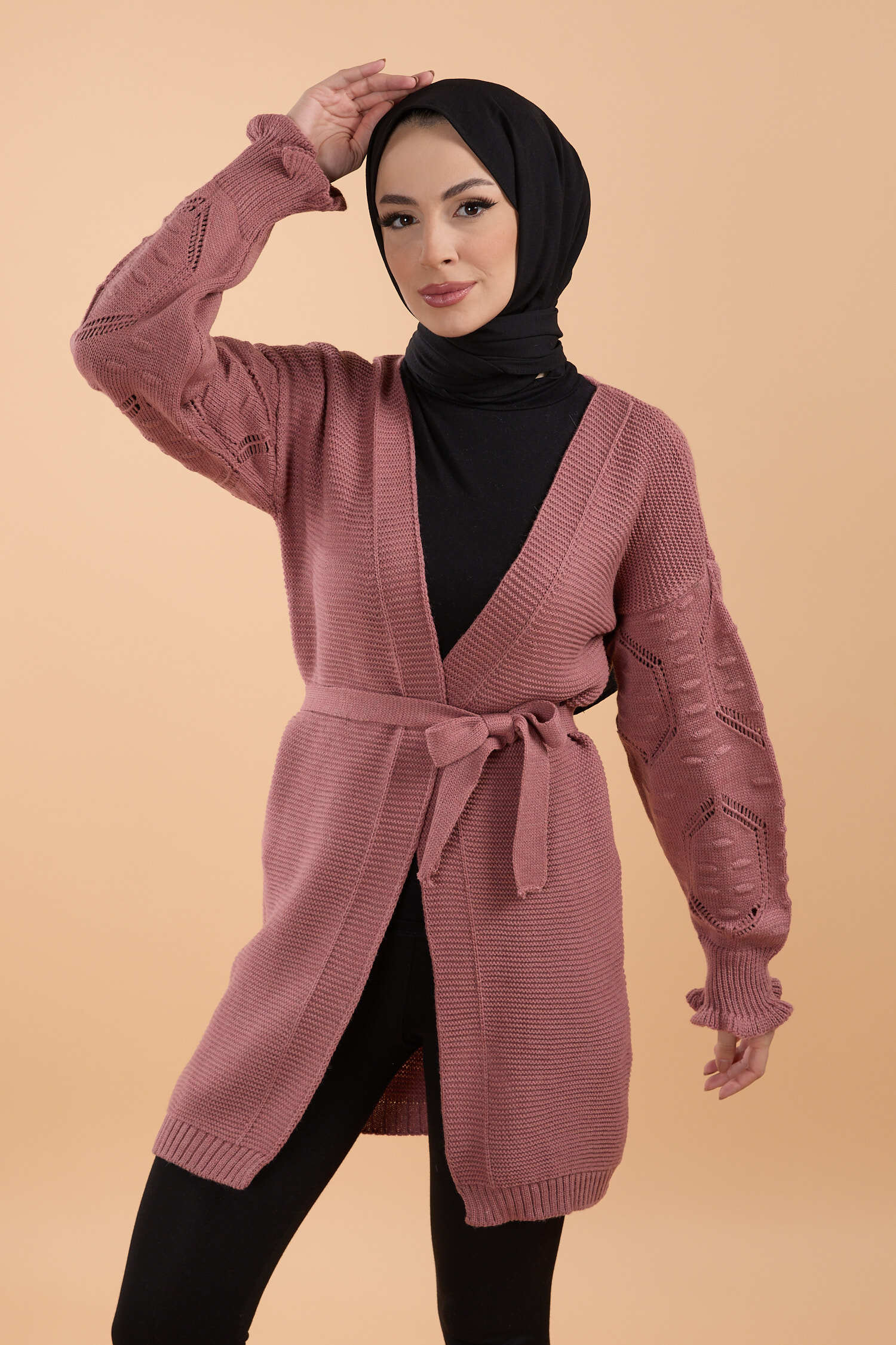 Kemerli Kolu İşlemeli Triko Hırka - 27631 - 1