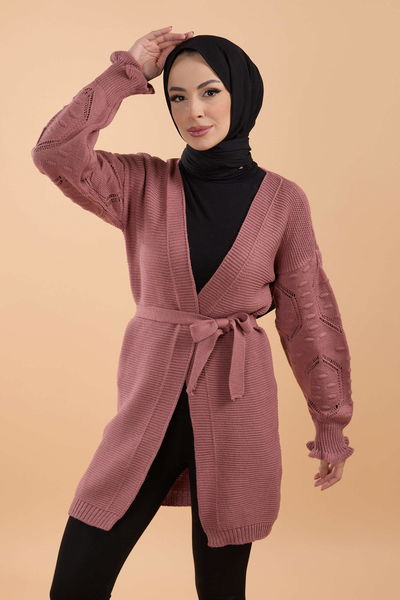 Kemerli Kolu İşlemeli Triko Hırka - 27631 