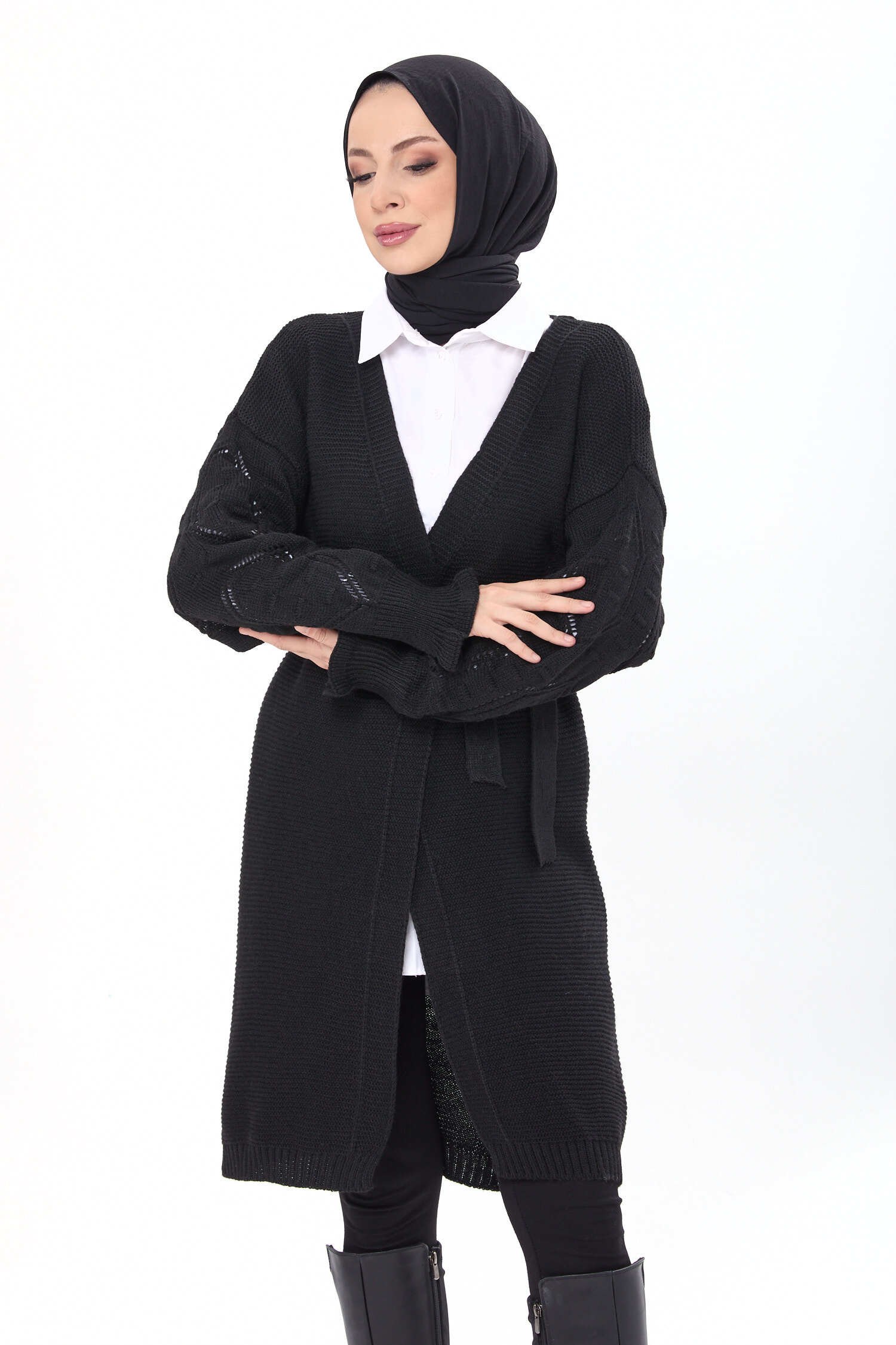Kemerli Kolu İşlemeli Triko Hırka - 27631 - 4