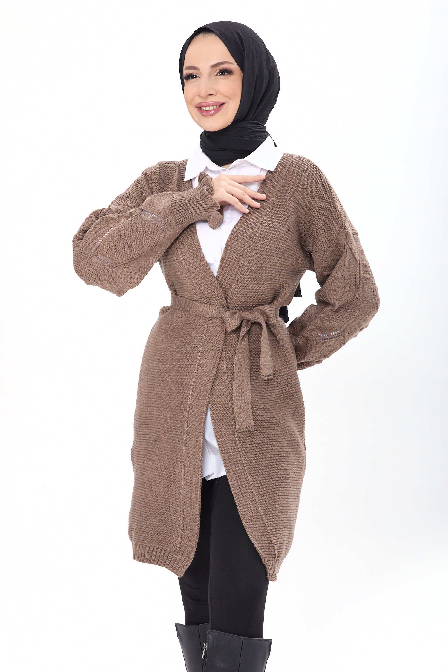 Kemerli Kolu İşlemeli Triko Hırka - 27631 - 2