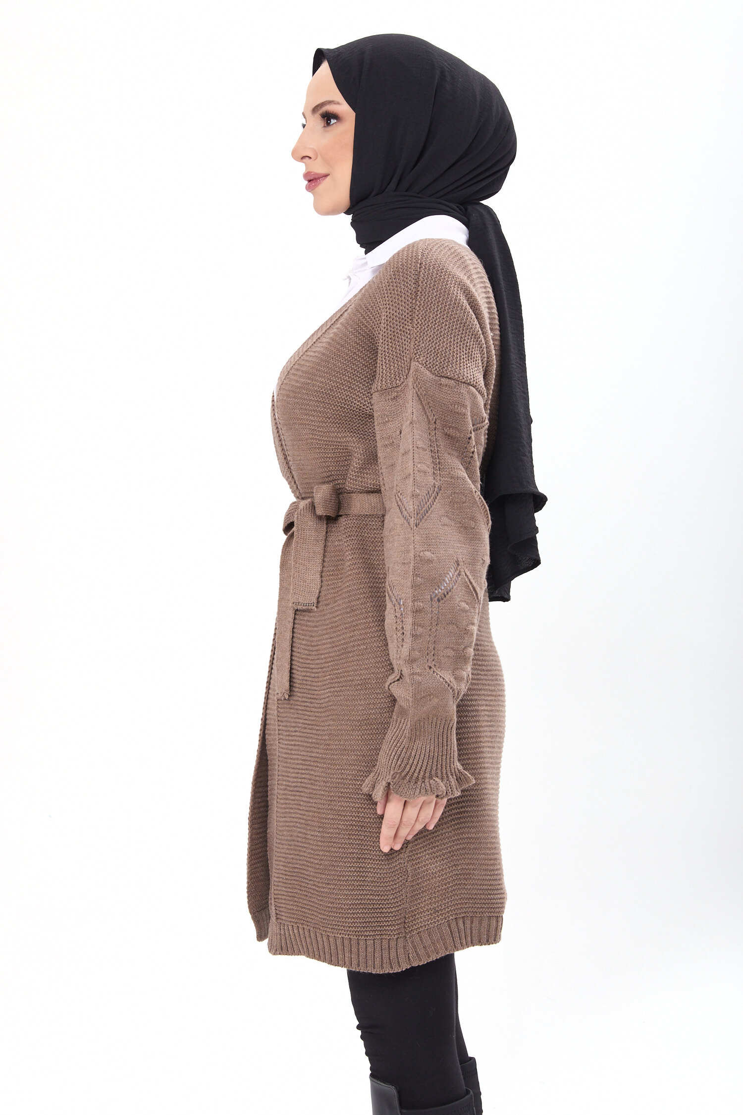 Kemerli Kolu İşlemeli Triko Hırka - 27631 - 3