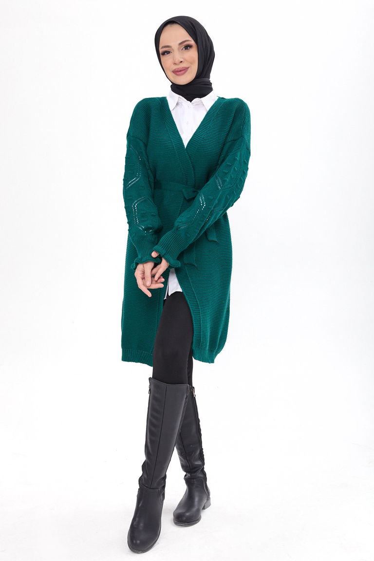 Kemerli Kolu İşlemeli Triko Hırka - 27631 - TOFİSA