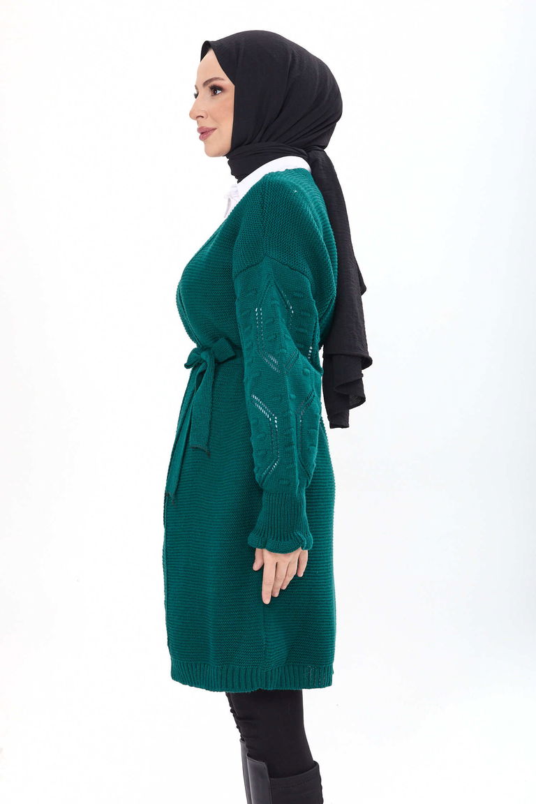 Kemerli Kolu İşlemeli Triko Hırka - 27631 - TOFİSA