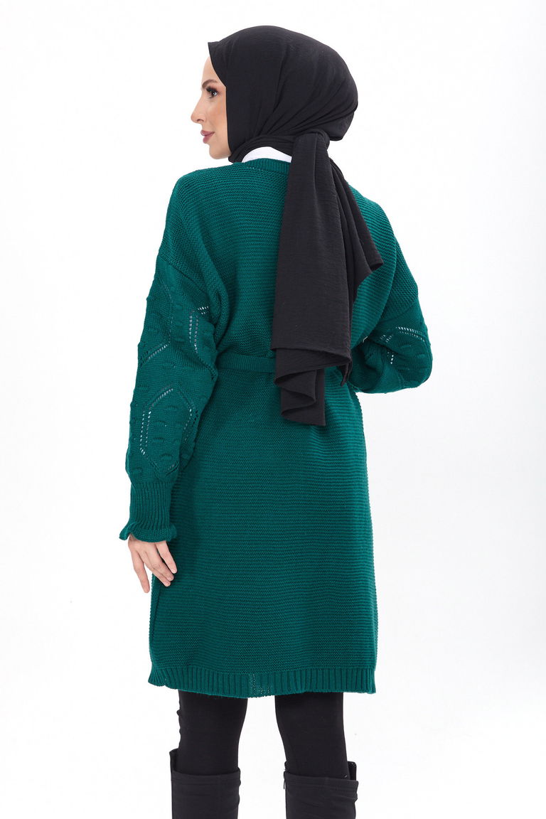 Kemerli Kolu İşlemeli Triko Hırka - 27631 - TOFİSA