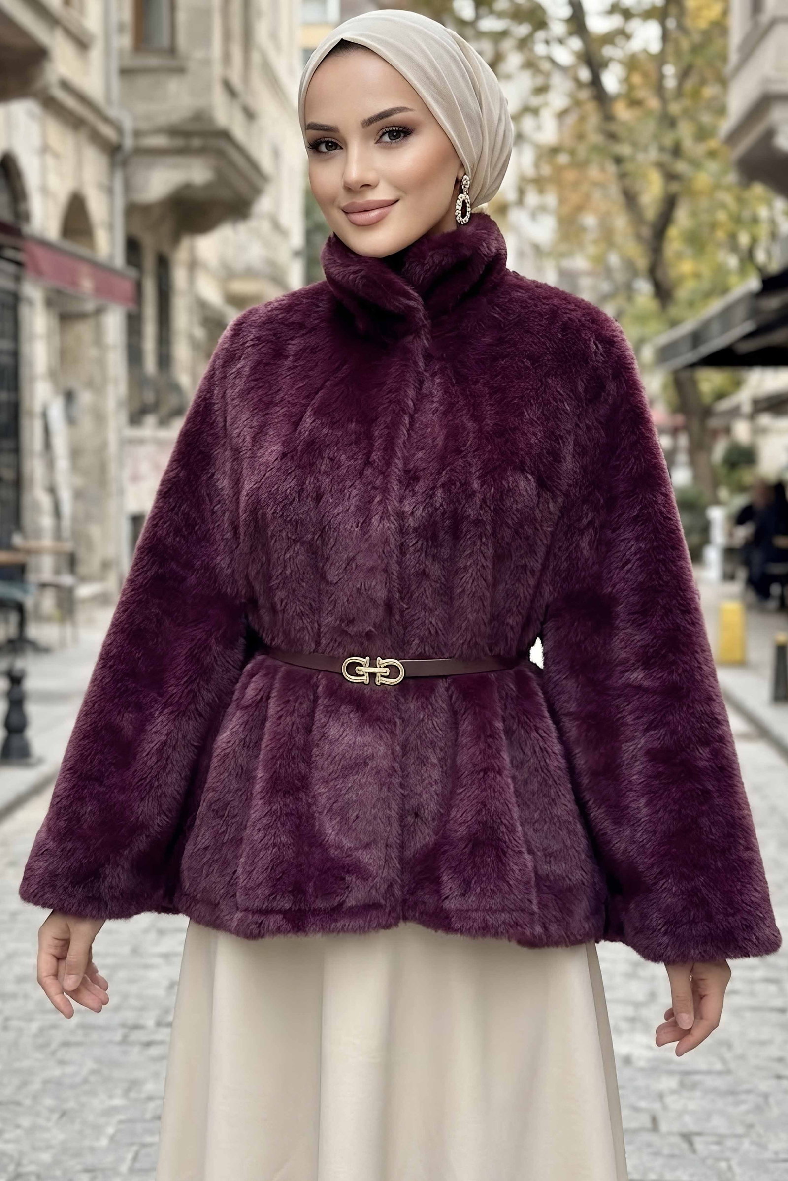 Kemerli Kürk Pelerin Panço Bordo - 29193-BORDO - 1