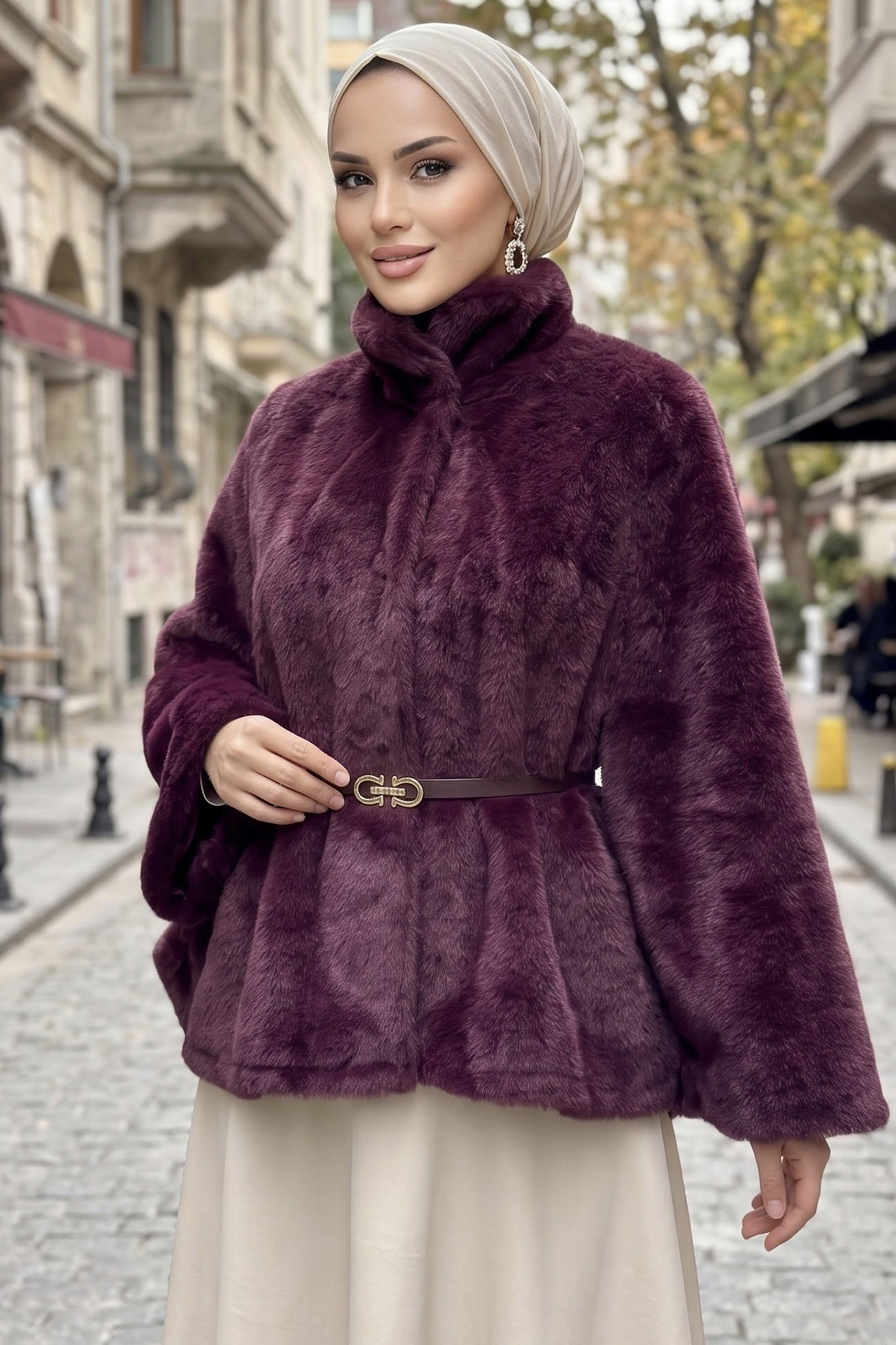 Kemerli Kürk Pelerin Panço Bordo - 29193-BORDO - 2