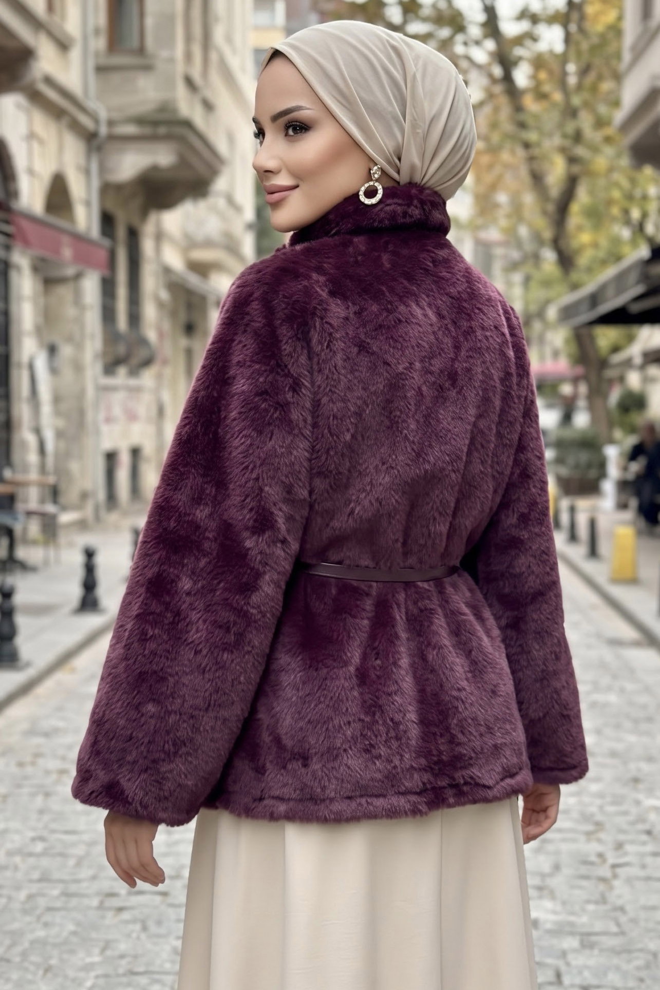 Kemerli Kürk Pelerin Panço Bordo - 29193-BORDO - 3