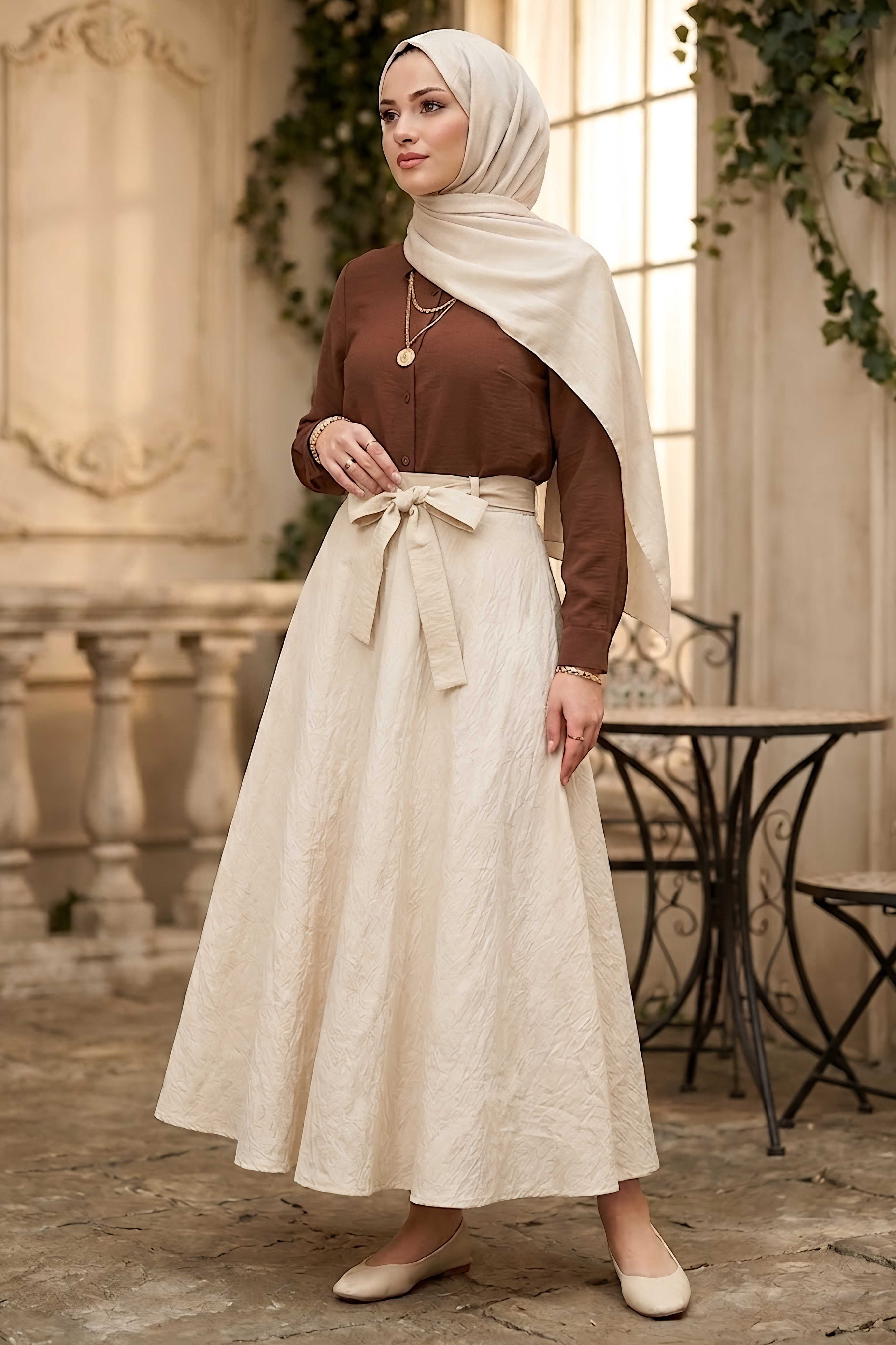 Kemerli Kuşaklı Etek Krem - 28521-KREM - 1