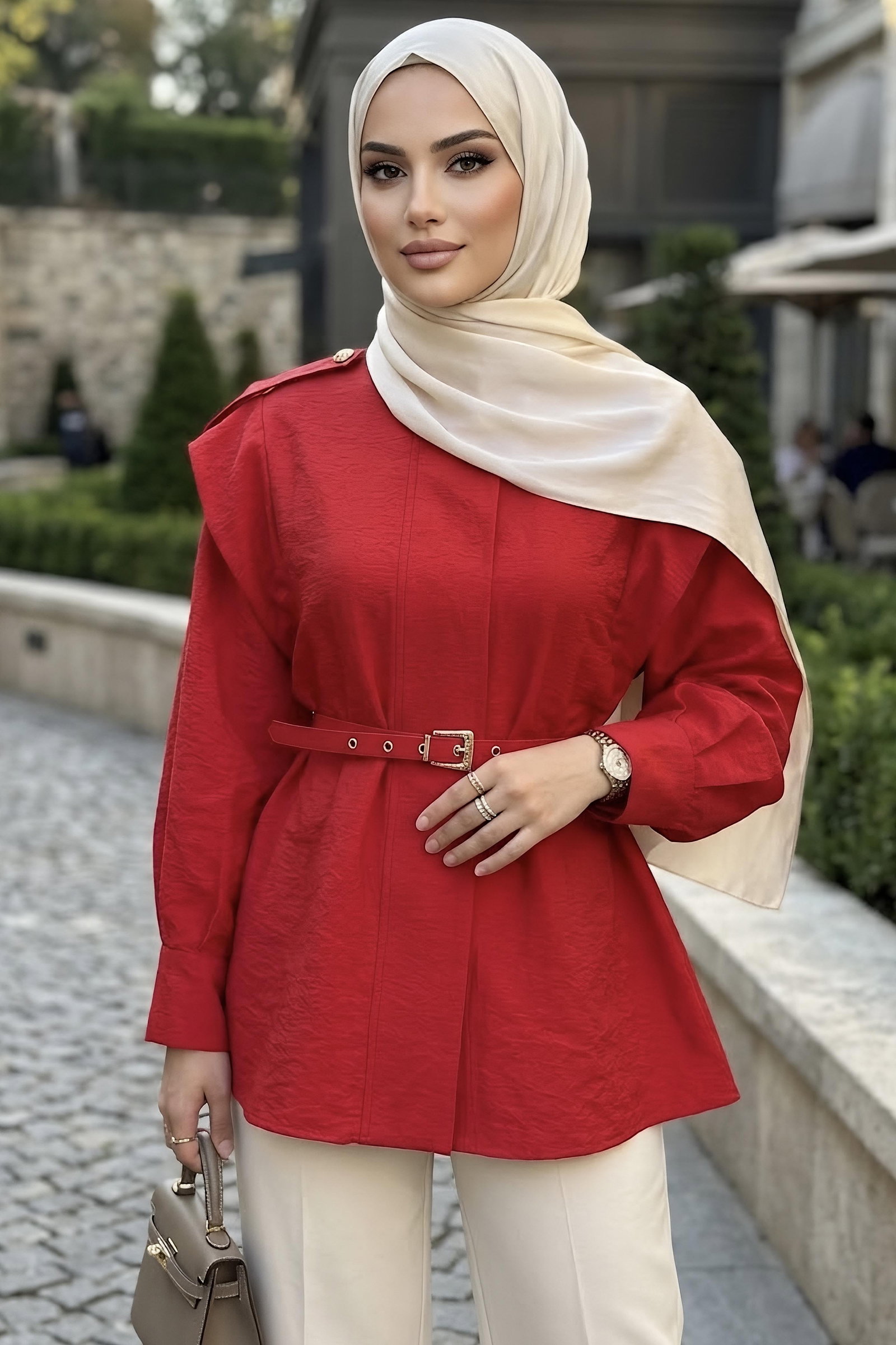 Kemerli Omuz Düğme Detaylı Gömlek Kirmizi - 29086-KIRMIZI - 1