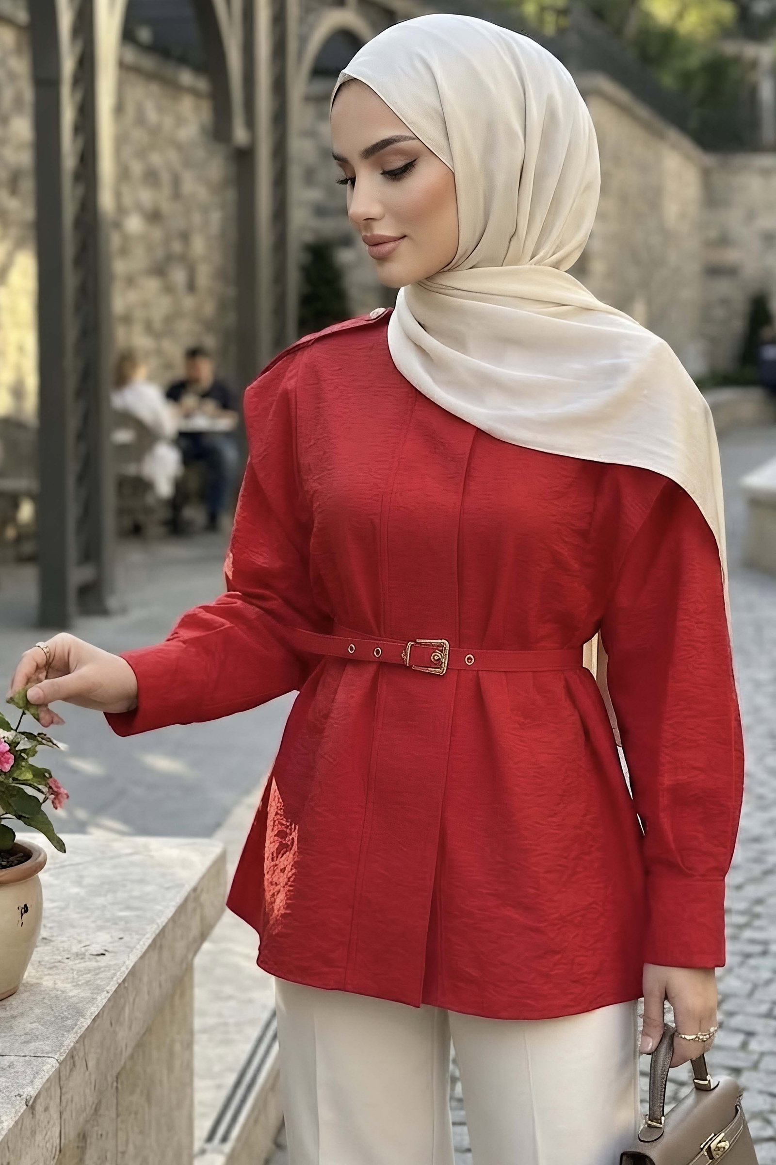 Kemerli Omuz Düğme Detaylı Gömlek Kirmizi - 29086-KIRMIZI - 2