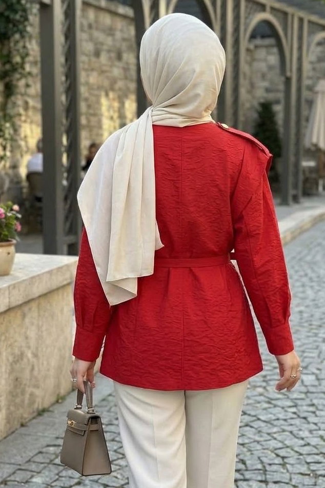 Kemerli Omuz Düğme Detaylı Gömlek Kirmizi - 29086-KIRMIZI - 3